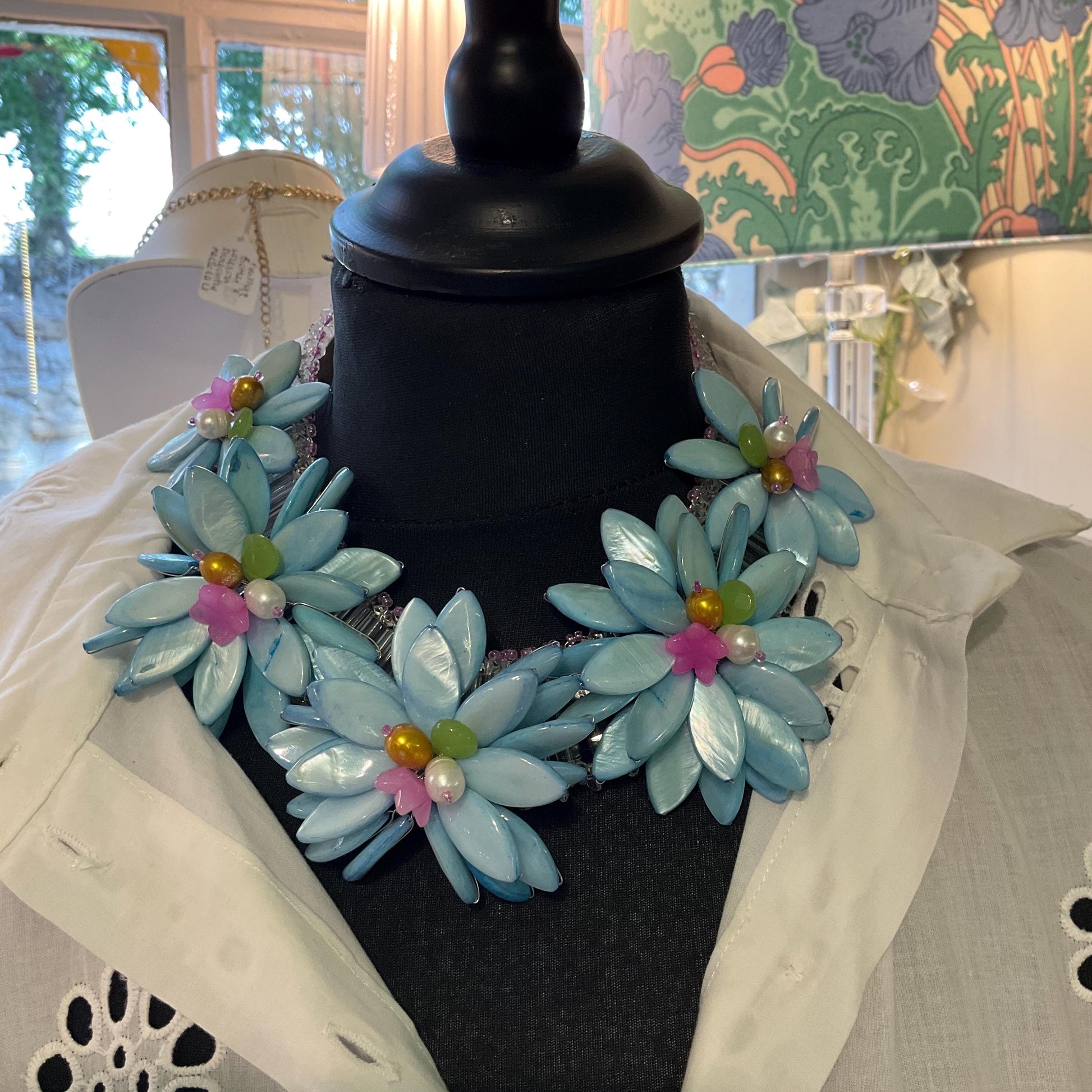 Vintage Butler and Wilson Mother of Pearl, Freshwater Pearl and Crystal Statement Floral Necklace