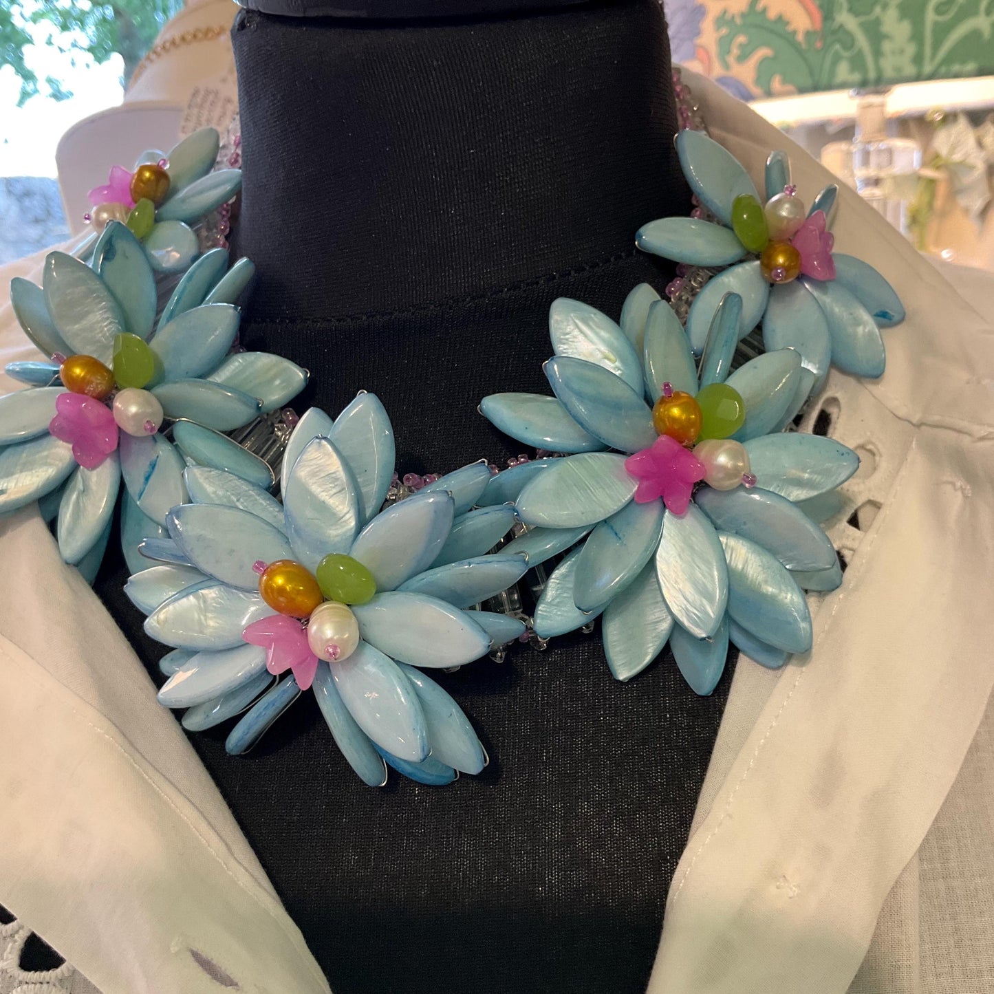 Vintage Butler and Wilson Mother of Pearl, Freshwater Pearl and Crystal Statement Floral Necklace