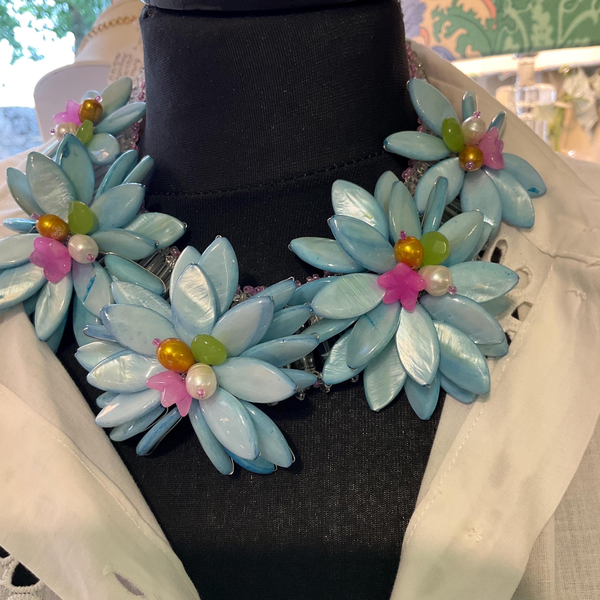 Vintage Butler and Wilson Mother of Pearl, Freshwater Pearl and Crystal Statement Floral Necklace