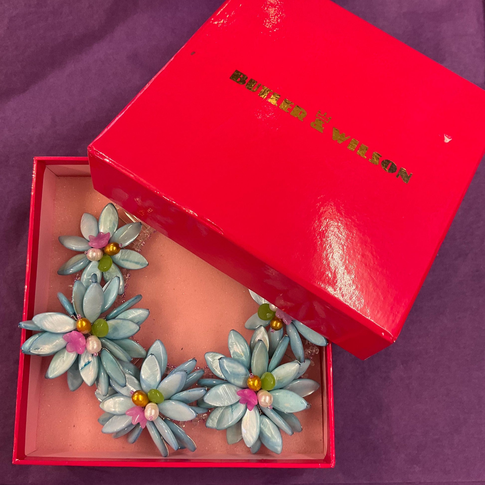 Vintage Butler and Wilson Mother of Pearl, Freshwater Pearl and Crystal Statement Floral Necklace