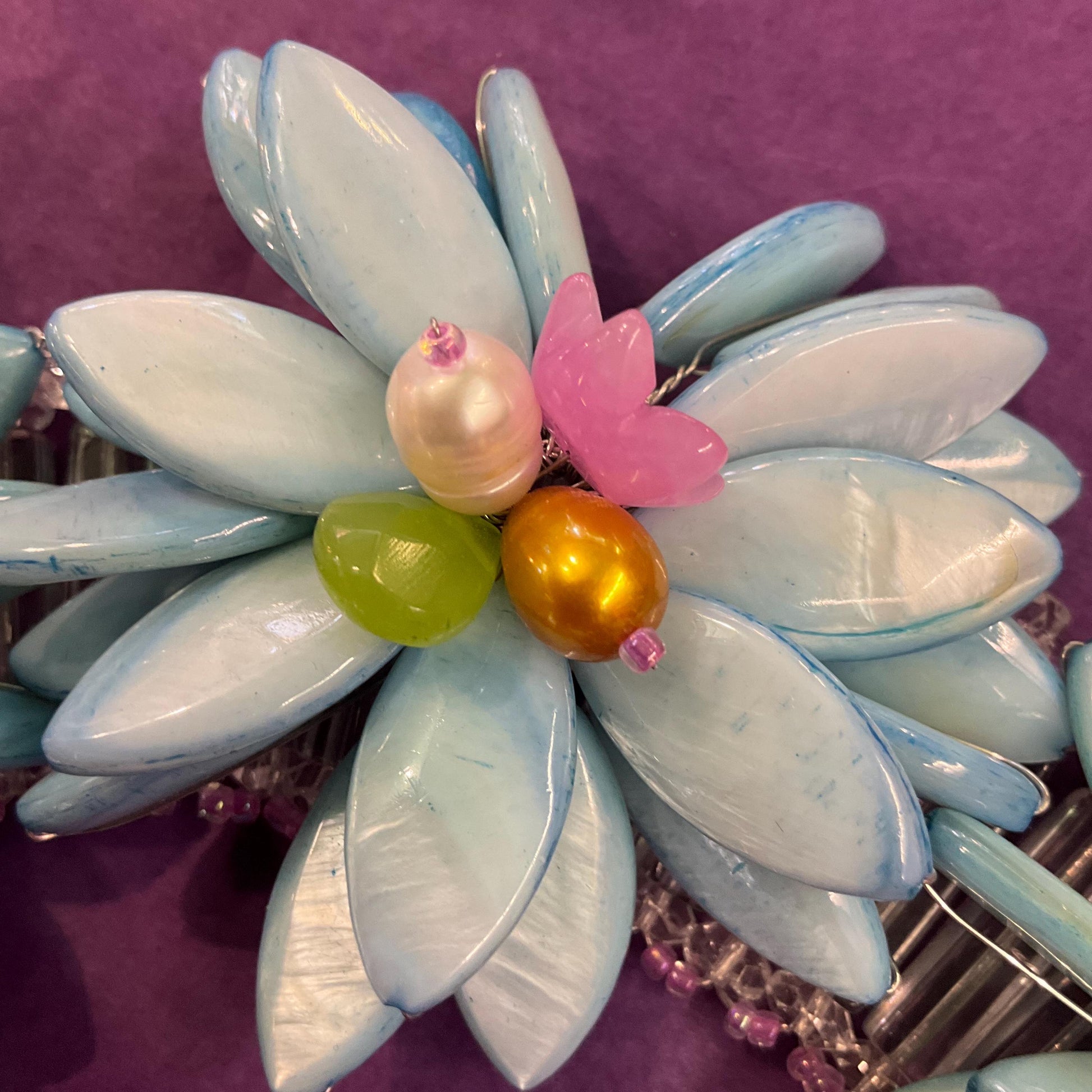 Vintage Butler and Wilson Mother of Pearl, Freshwater Pearl and Crystal Statement Floral Necklace
