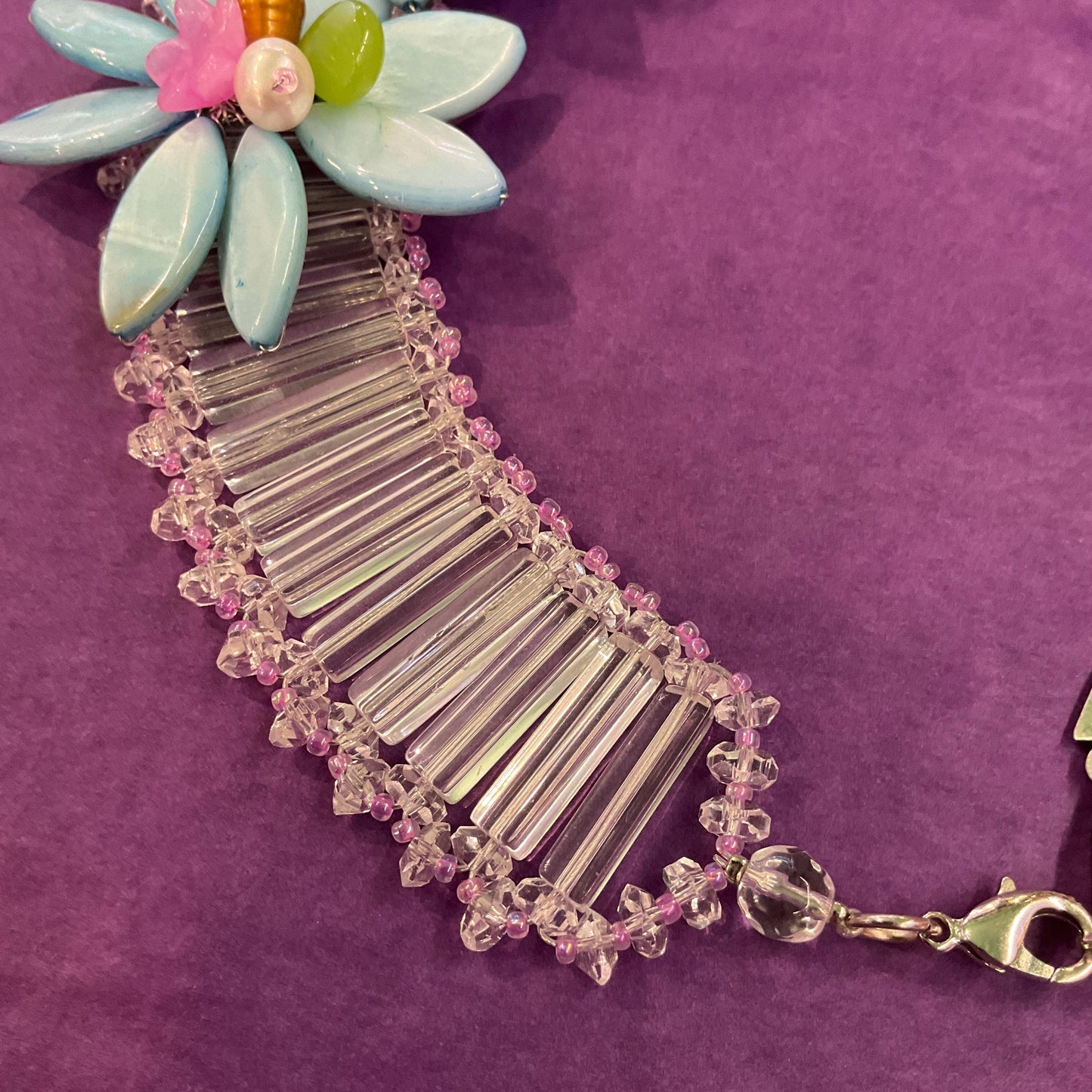 Vintage Butler and Wilson Mother of Pearl, Freshwater Pearl and Crystal Statement Floral Necklace