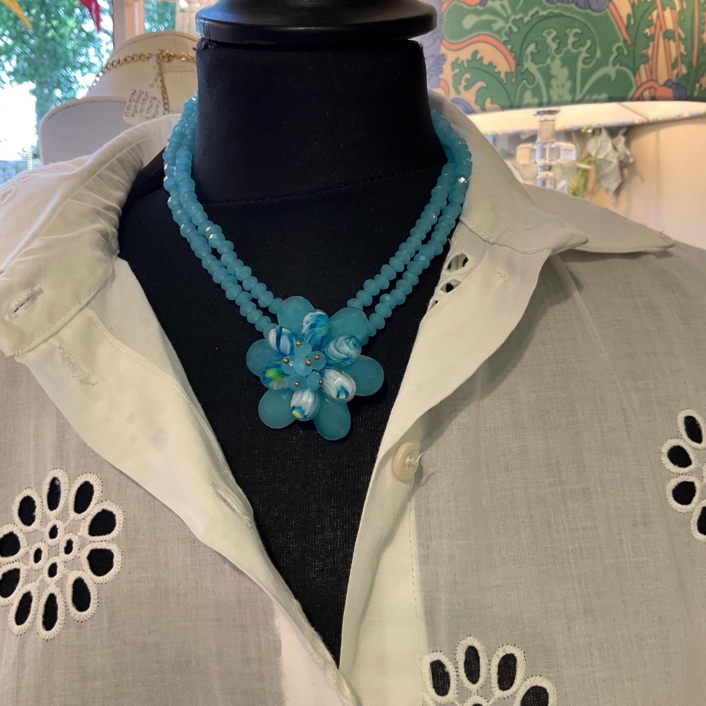 Vintage Butler and Wilson Blue Crystal Floral Twin Row Crystal Necklace