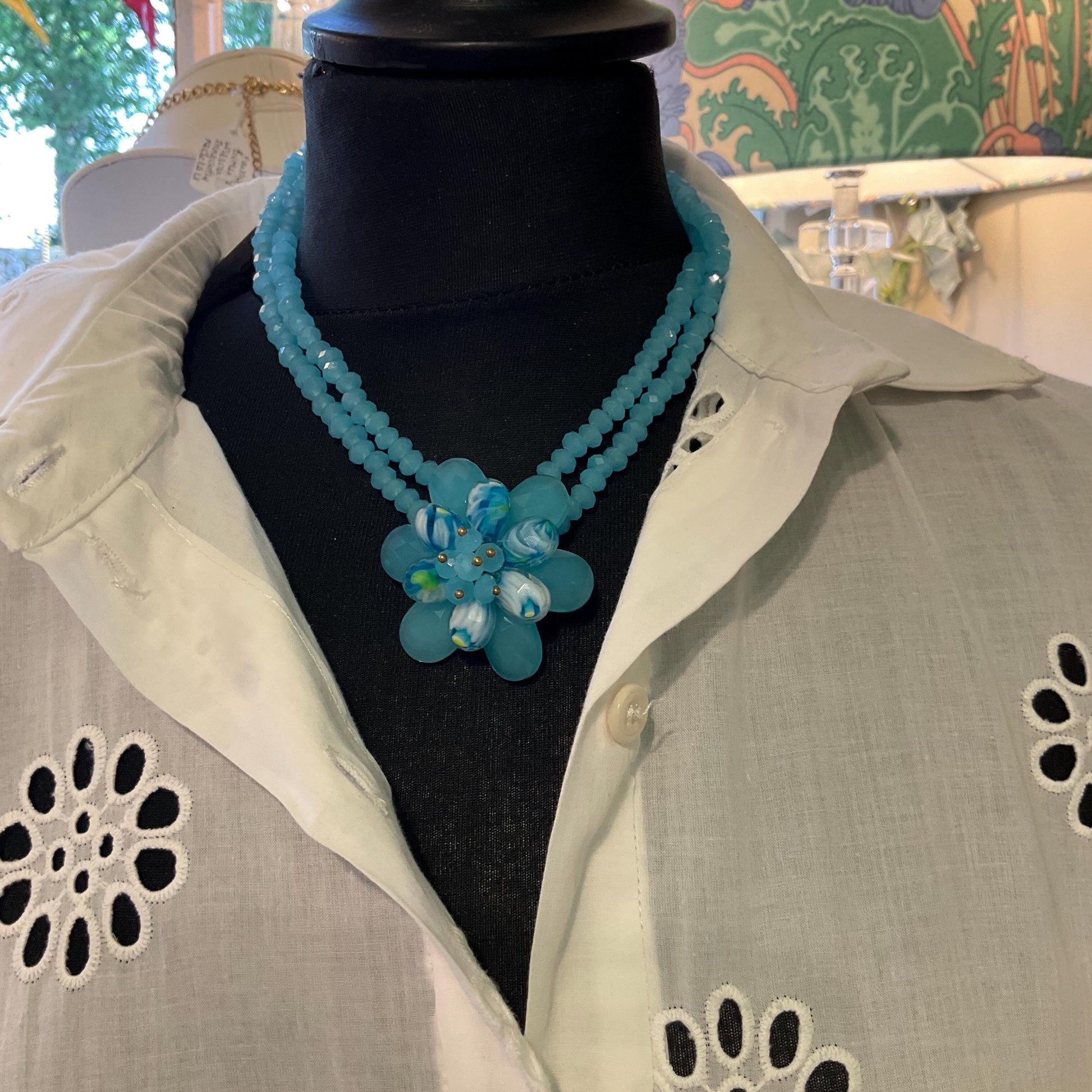 Vintage Butler and Wilson Blue Crystal Floral Twin Row Crystal Necklace