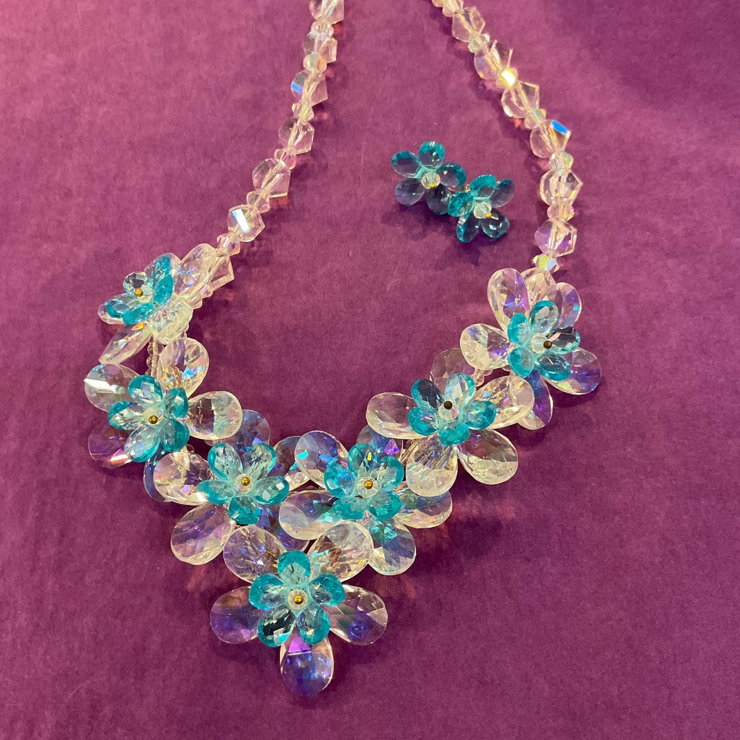 Vintage Butler and Wilson Turquoise Flower Garland Crystal Necklace and Earring Set
