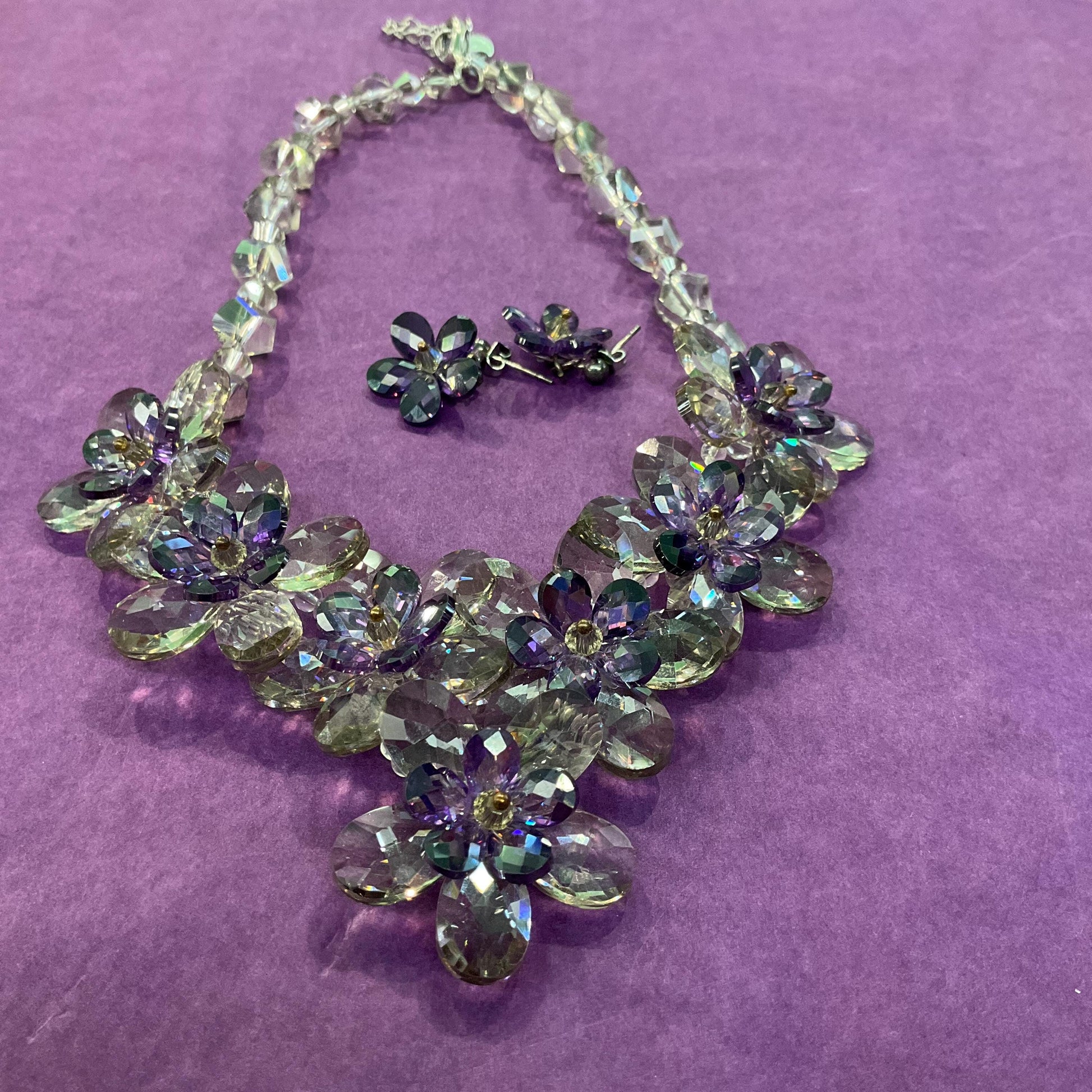 Vintage Butler and Wilson Purple and Pewter Crystal Beaded Floral Necklace and Earring Set