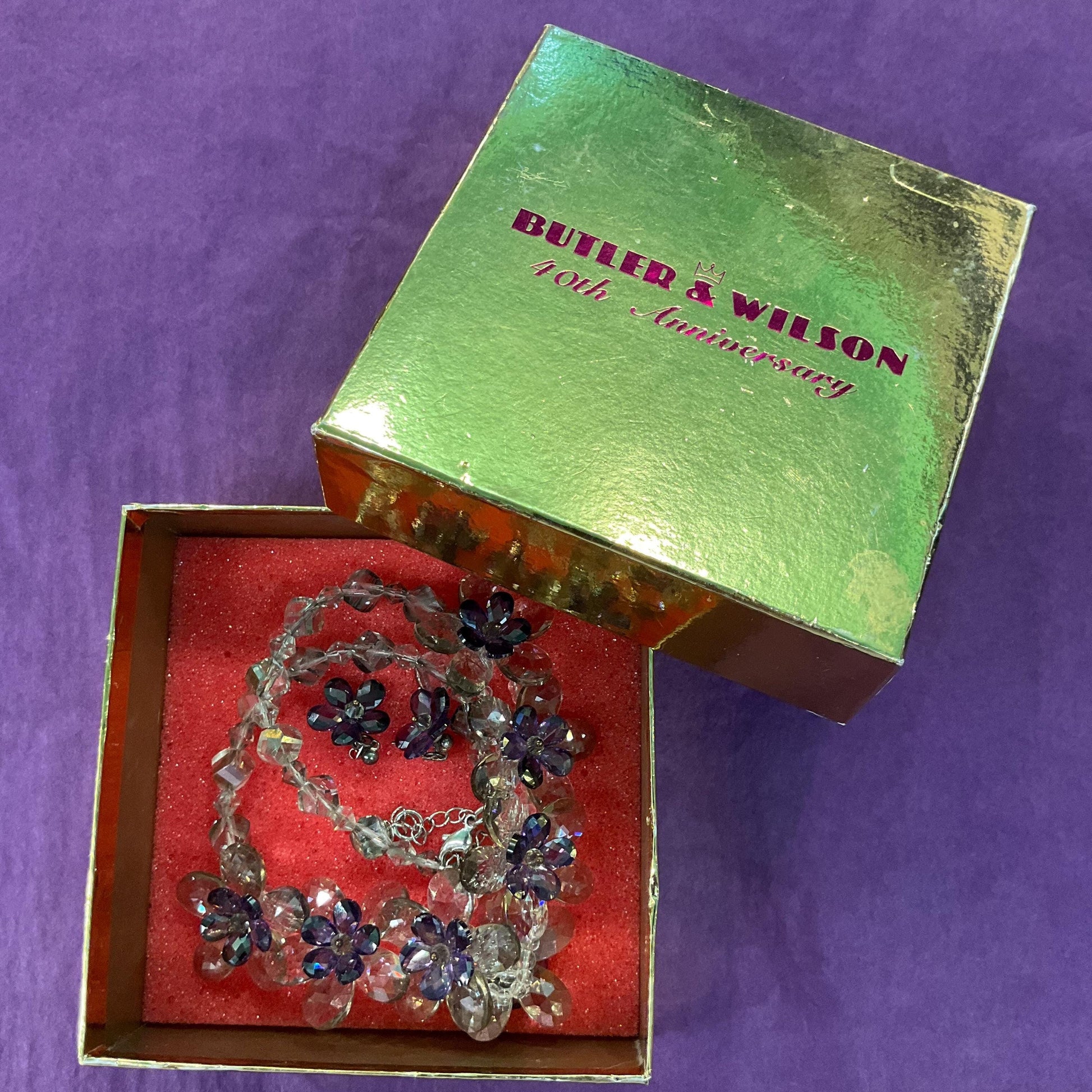Vintage Butler and Wilson Purple and Pewter Crystal Beaded Floral Necklace and Earring Set