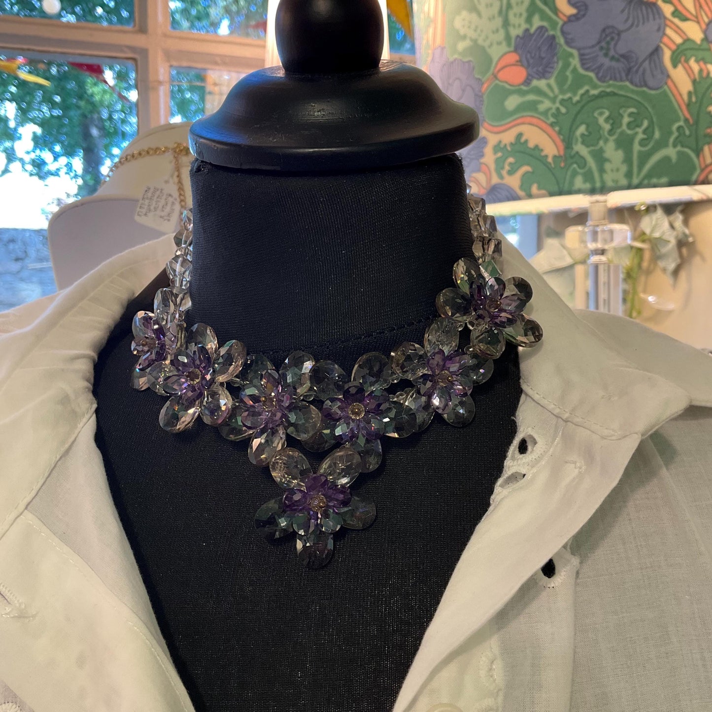 Vintage Butler and Wilson Purple and Pewter Crystal Beaded Floral Necklace and Earring Set