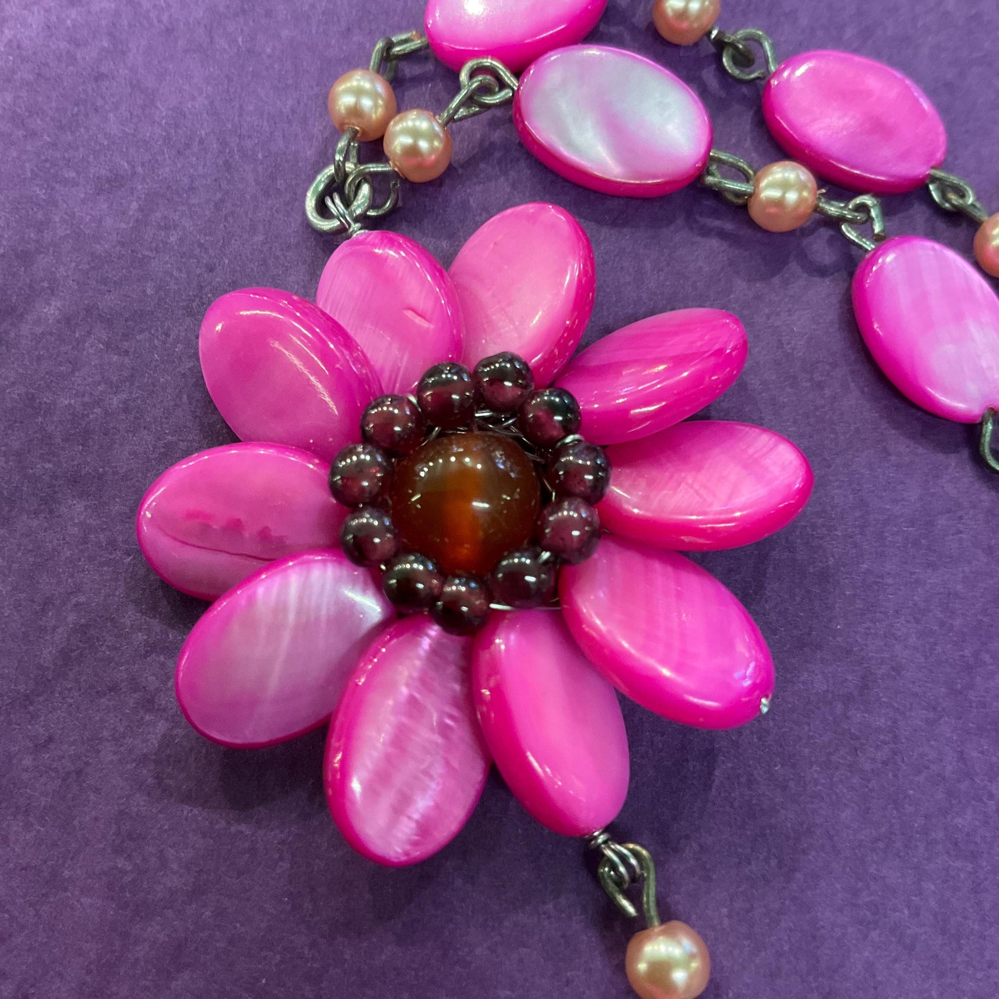 Vintage Butler and Wilson Pink Mother of Pearl Bohemian Flower Y Drop Necklace