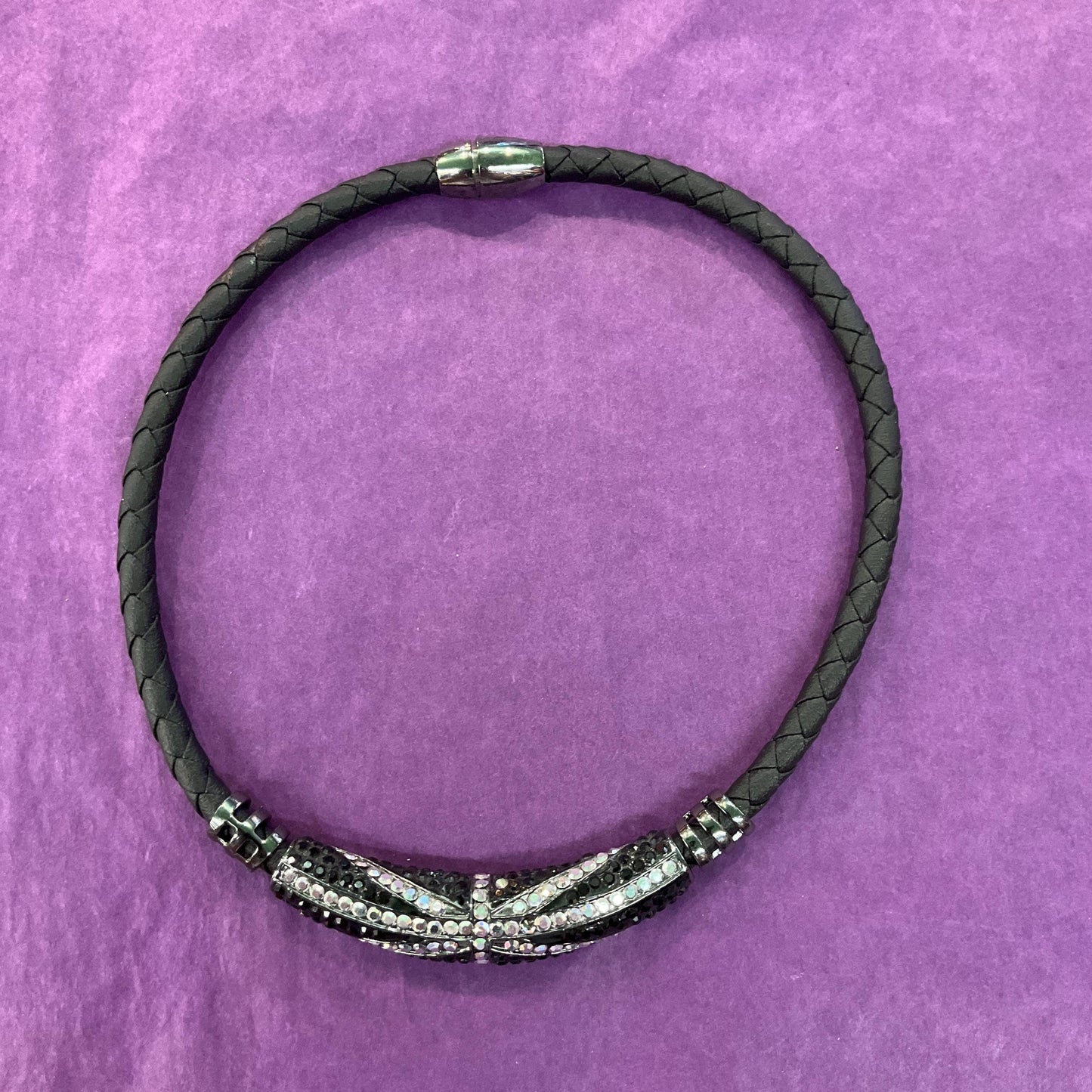 Vintage Butler and Wilson Gothic Union Jack Crystal Leather Cord Necklace