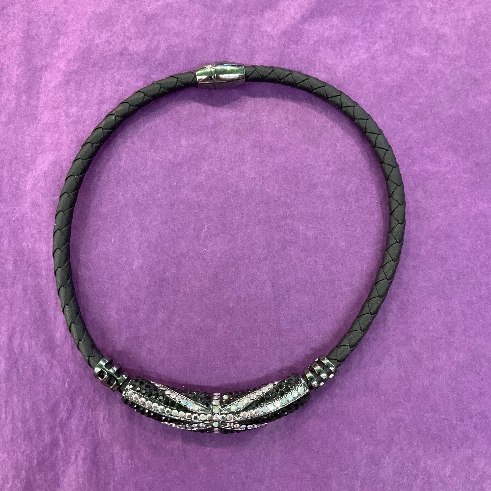 Vintage Butler and Wilson Gothic Union Jack Crystal Leather Cord Necklace