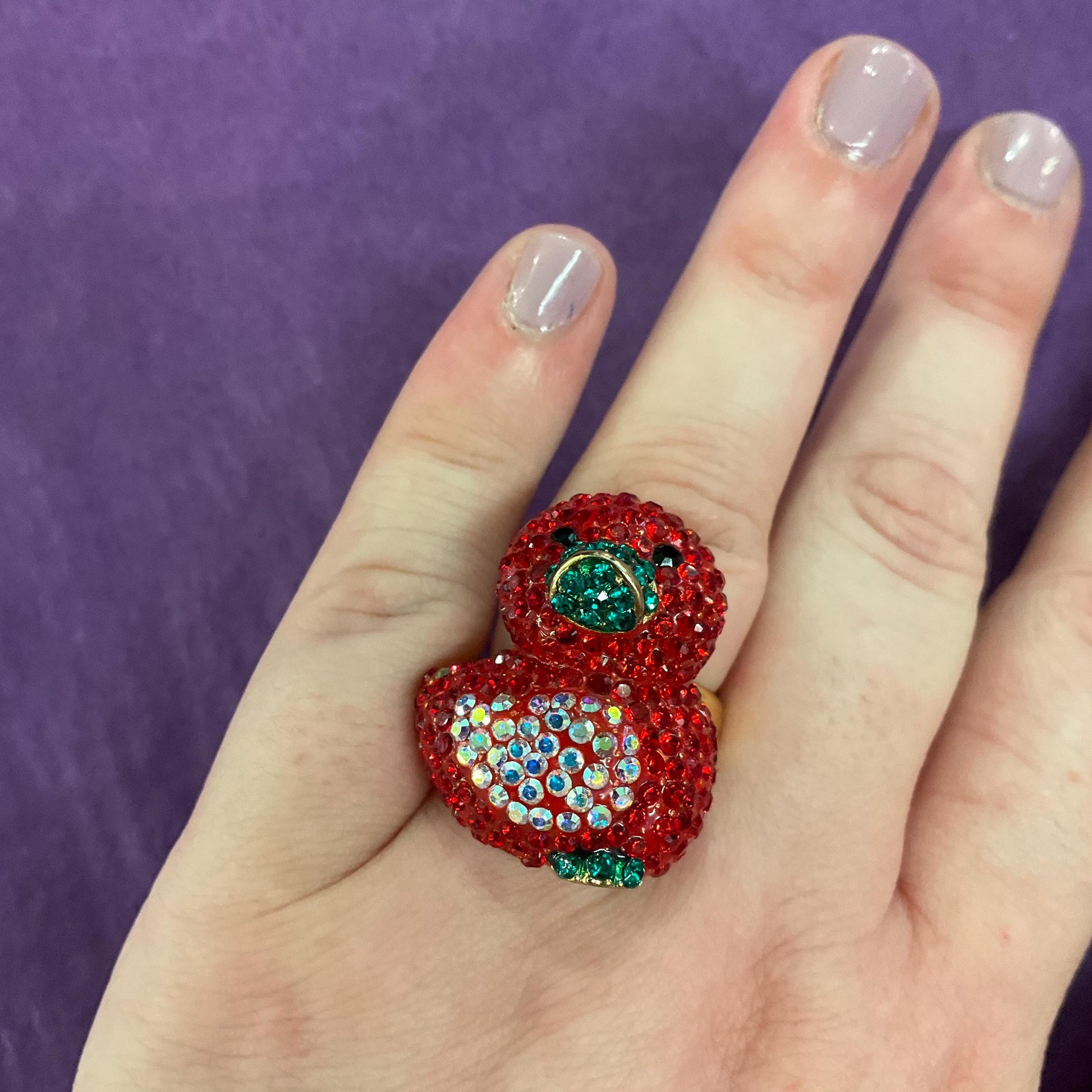 Vintage Butler and Wilson Red Crystal Duckling Ring, Adjustable from UK Size P, US Size 8