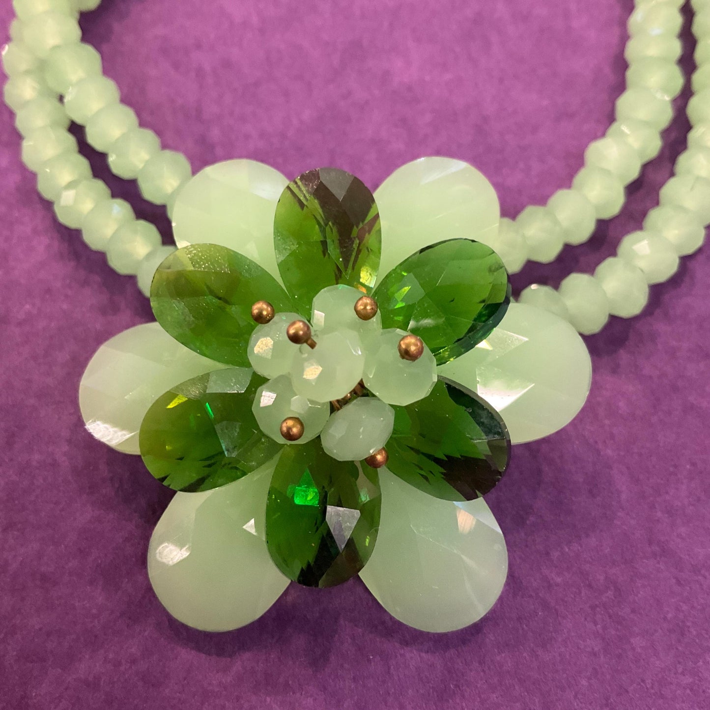 Vintage Butler and Wilson Green Milk Crystal Floral Twin Row Necklace