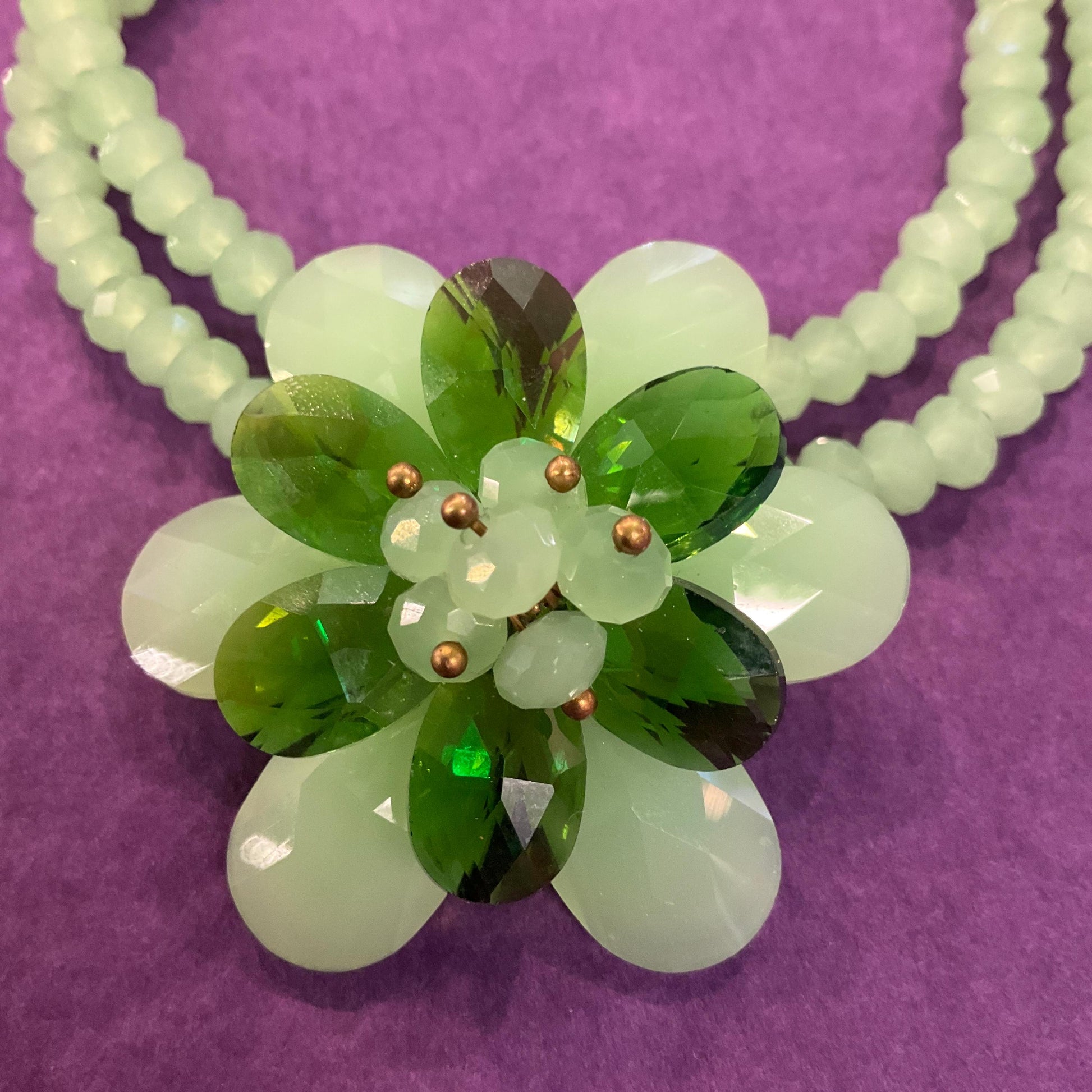 Vintage Butler and Wilson Green Milk Crystal Floral Twin Row Necklace