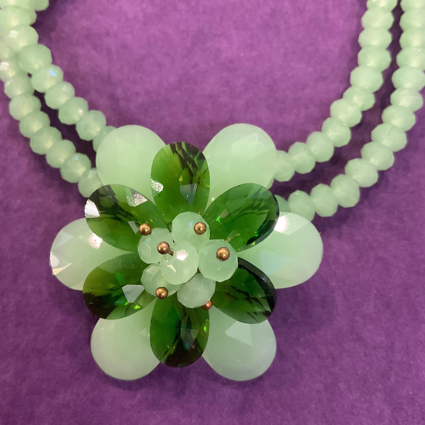 Vintage Butler and Wilson Green Milk Crystal Floral Twin Row Necklace