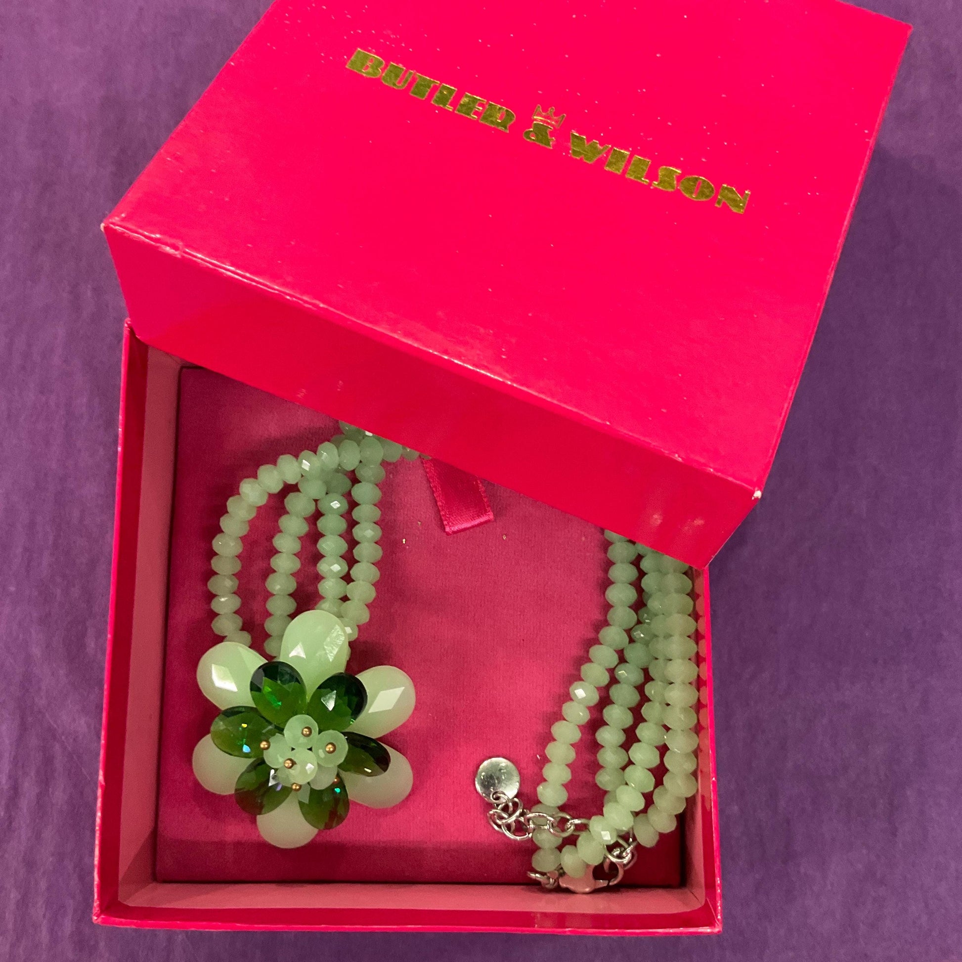 Vintage Butler and Wilson Green Milk Crystal Floral Twin Row Necklace