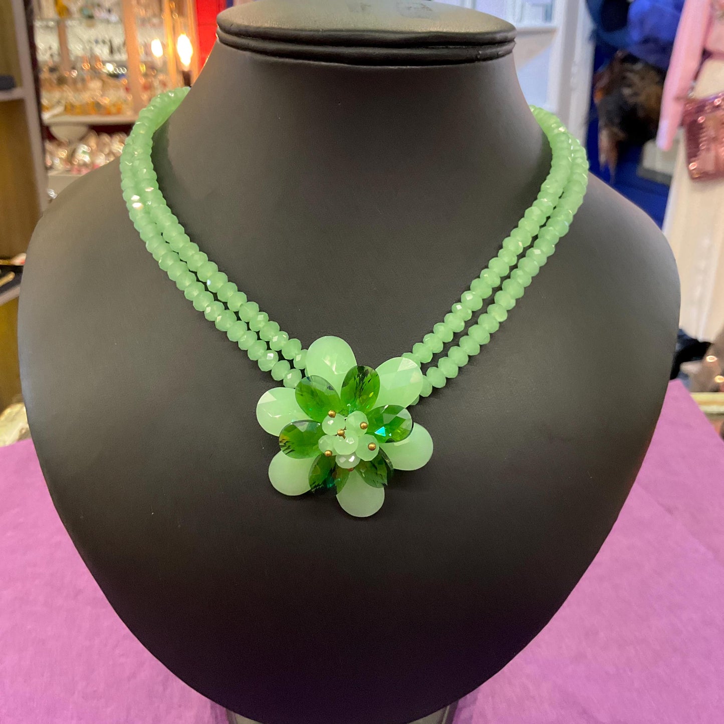 Vintage Butler and Wilson Green Milk Crystal Floral Twin Row Necklace