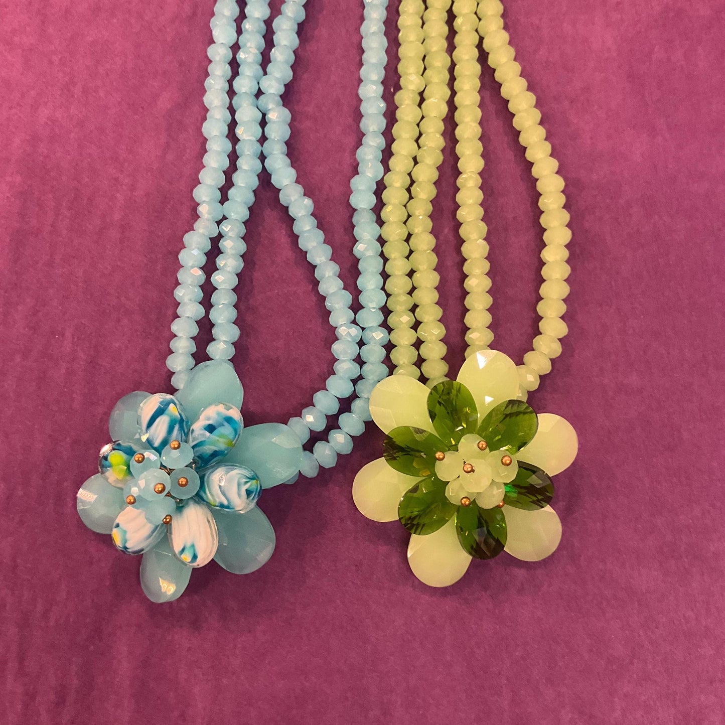 Vintage Butler and Wilson Green Milk Crystal Floral Twin Row Necklace