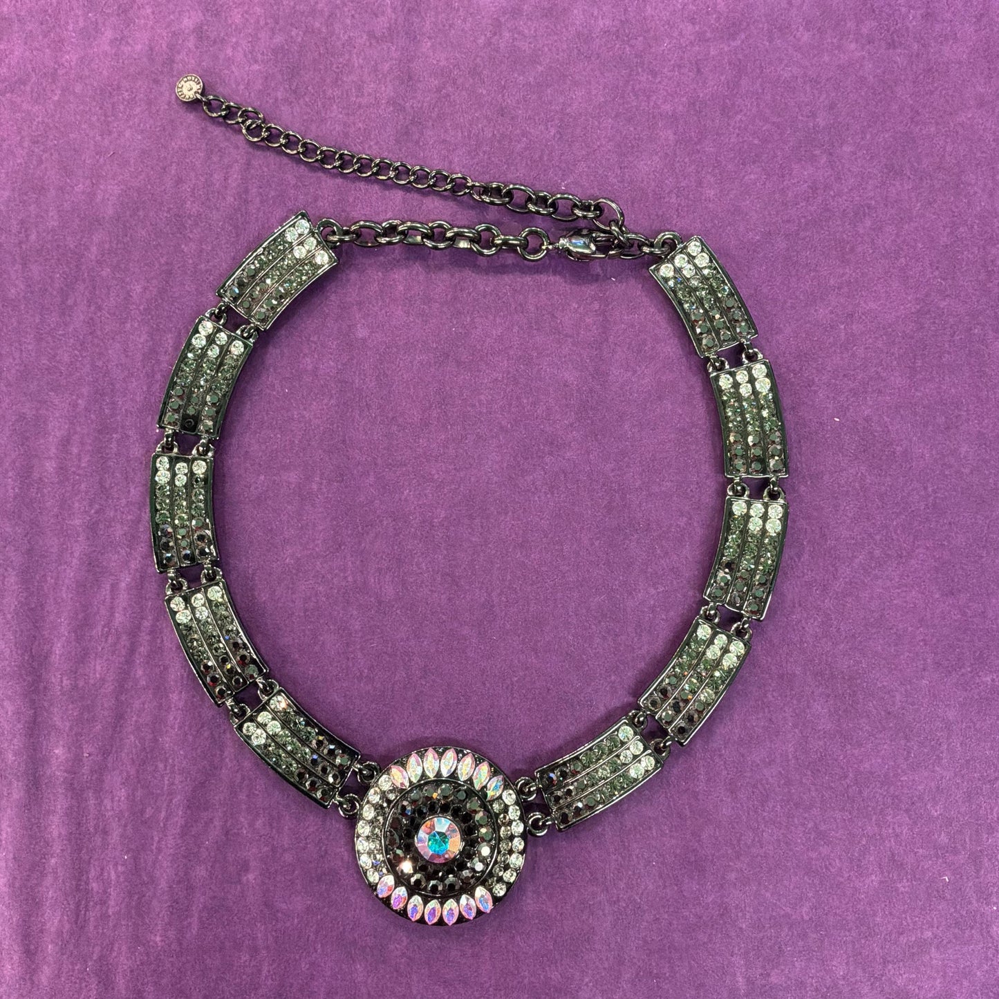 Vintage Butler and Wilson Crystal Dark Pewter Art Deco Style Panel Necklace