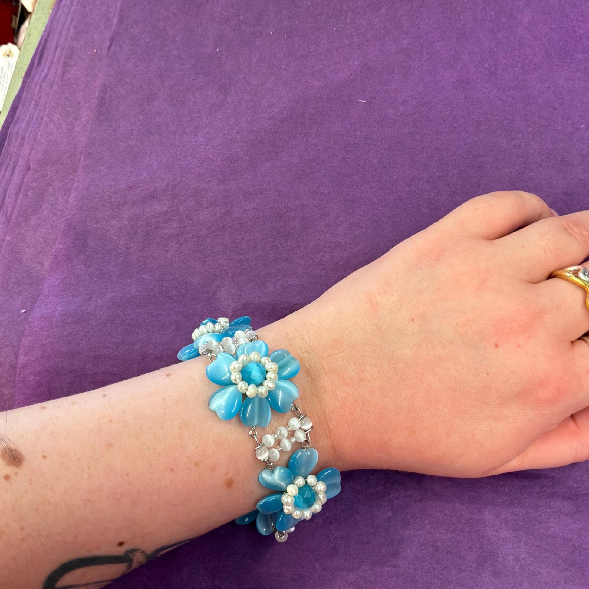 Vintage Butler and Wilson Blue Crystal and Freshwater Pearl Floral Bracelet