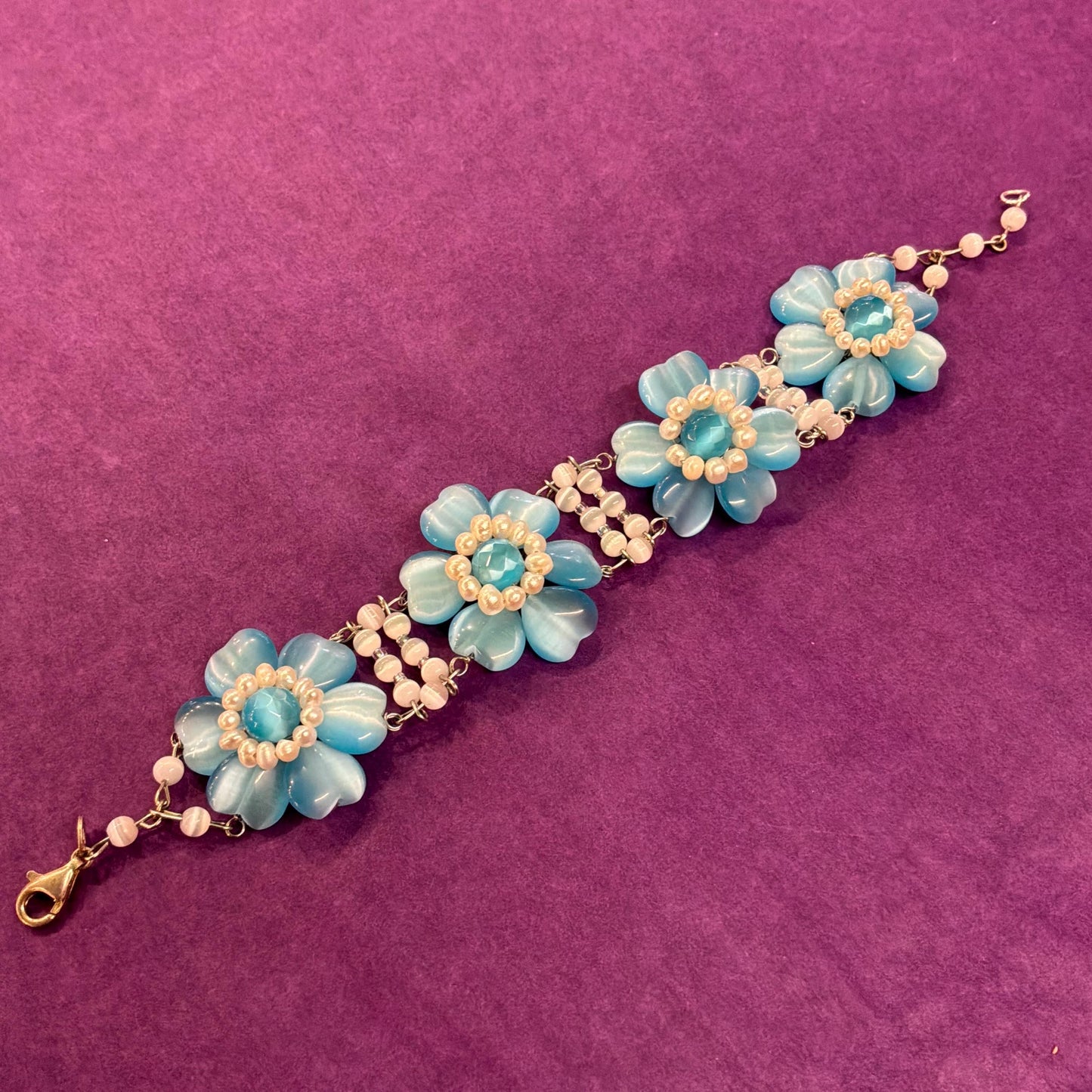 Vintage Butler and Wilson Blue Crystal and Freshwater Pearl Floral Bracelet