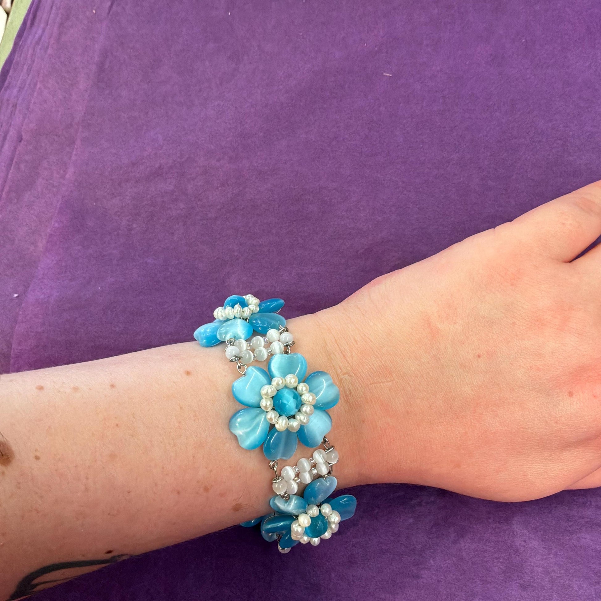 Vintage Butler and Wilson Blue Crystal and Freshwater Pearl Floral Bracelet