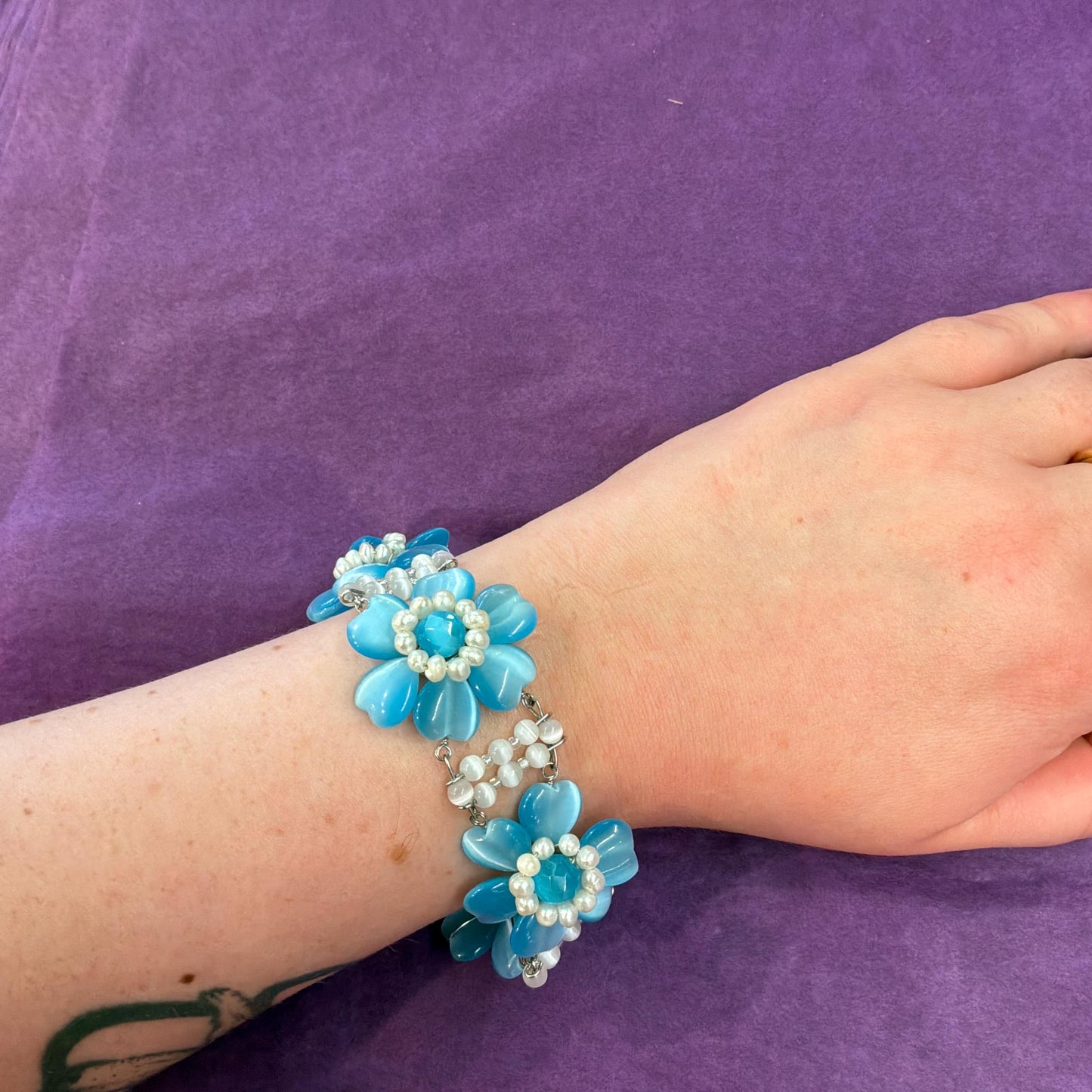 Vintage Butler and Wilson Blue Crystal and Freshwater Pearl Floral Bracelet