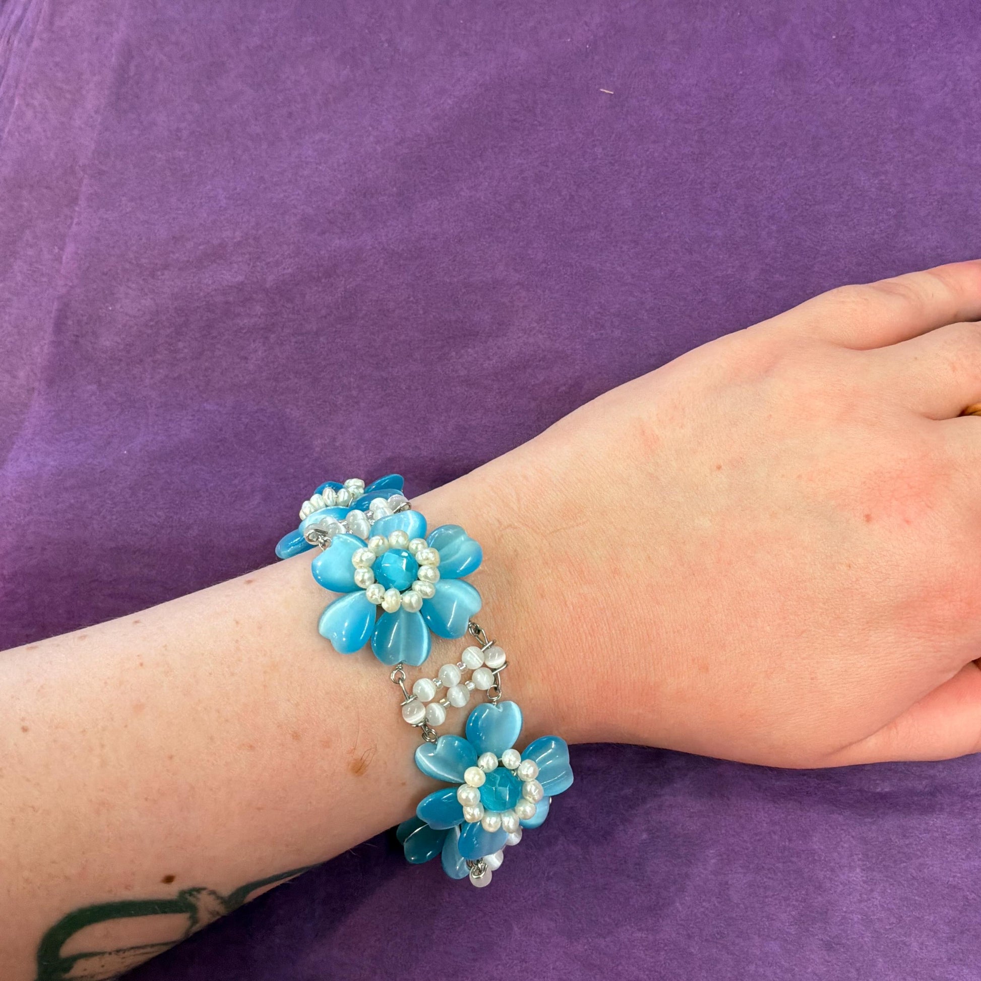 Vintage Butler and Wilson Blue Crystal and Freshwater Pearl Floral Bracelet