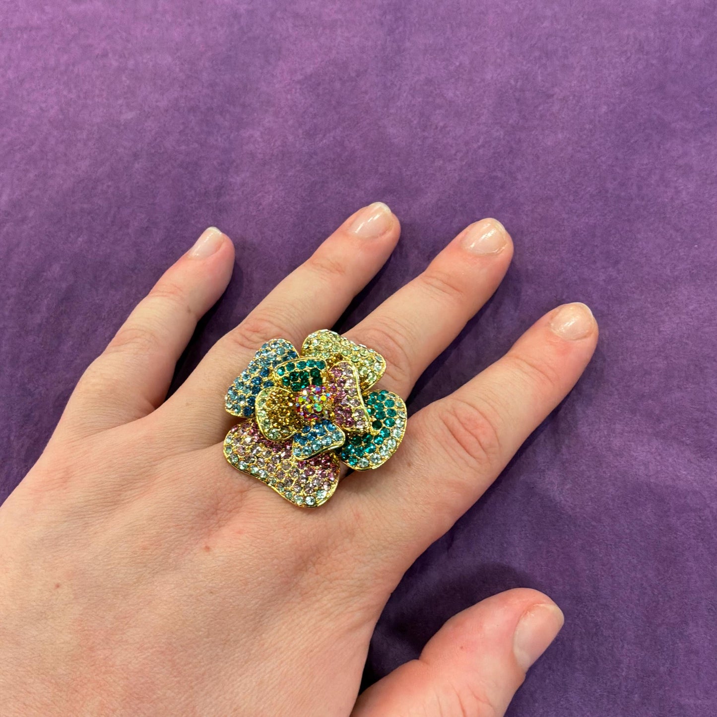 Vintage Butler and Wilson Rainbow Crystal Floral Statement Ring, Adjustable from UK Size Q, US 8.5