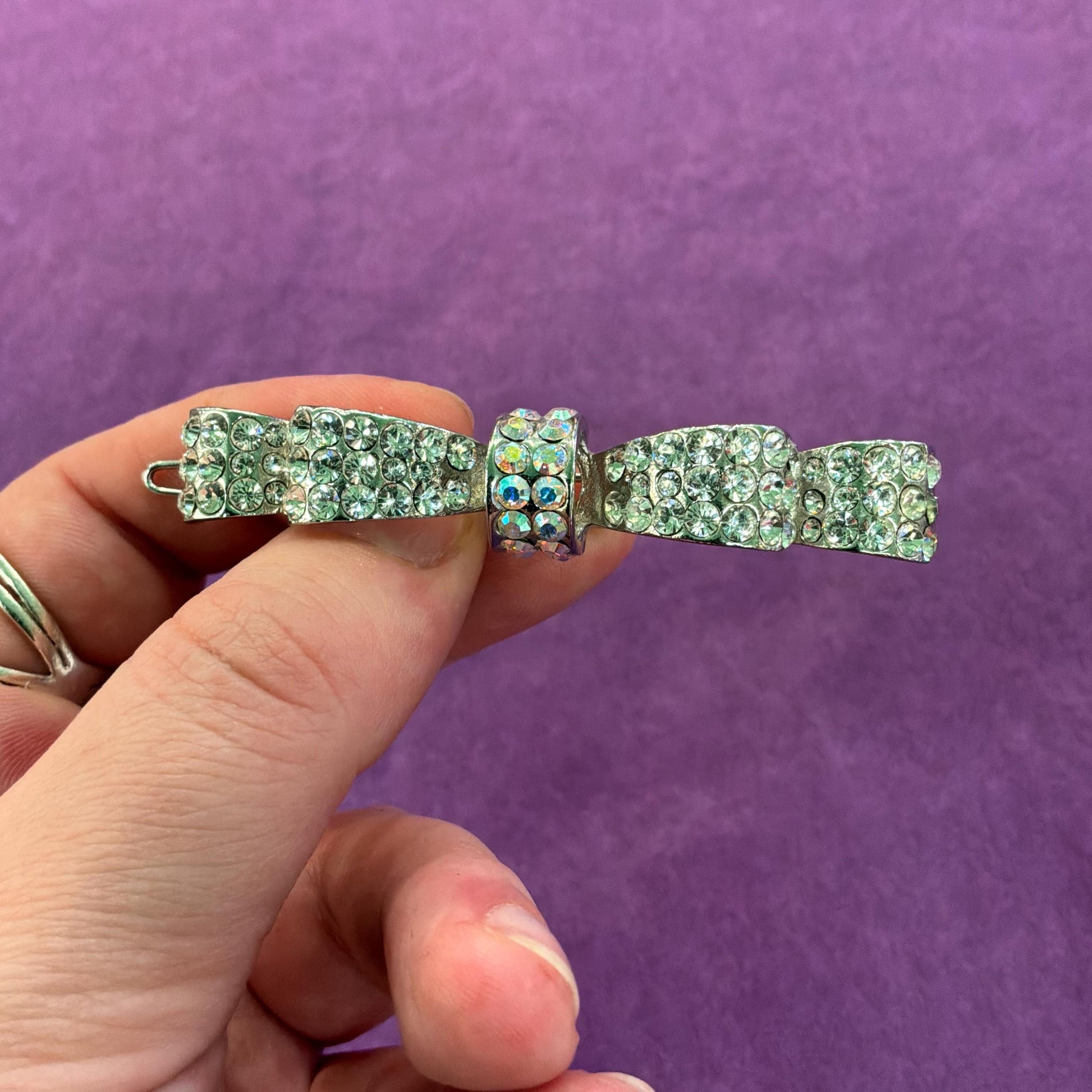 Vintage Butler and Wilson Silver and Aurora Borealis Crystal Bow Hairclip