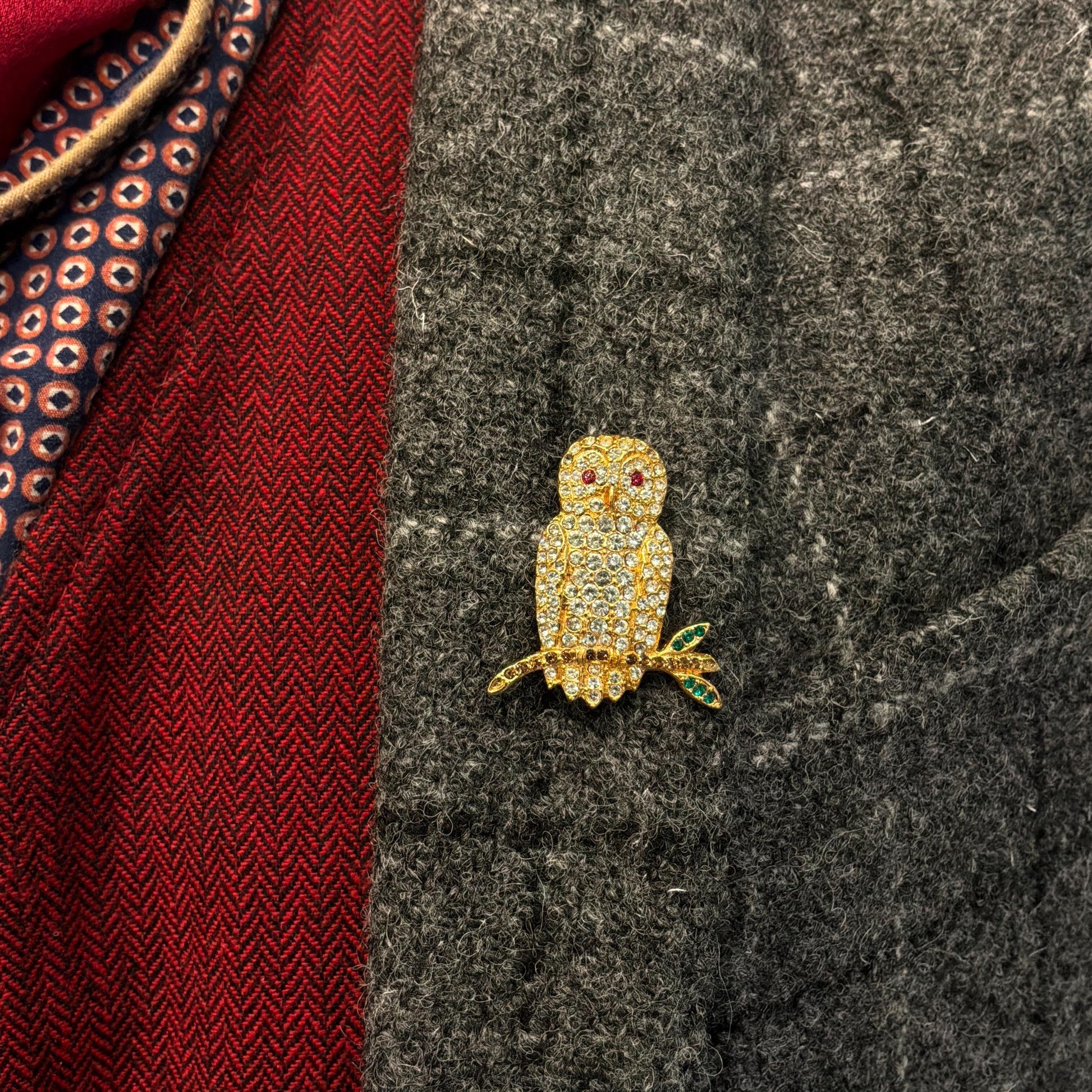Vintage Butler and Wilson Cryal Owl Brooch , Gold tone with silver rhinestones