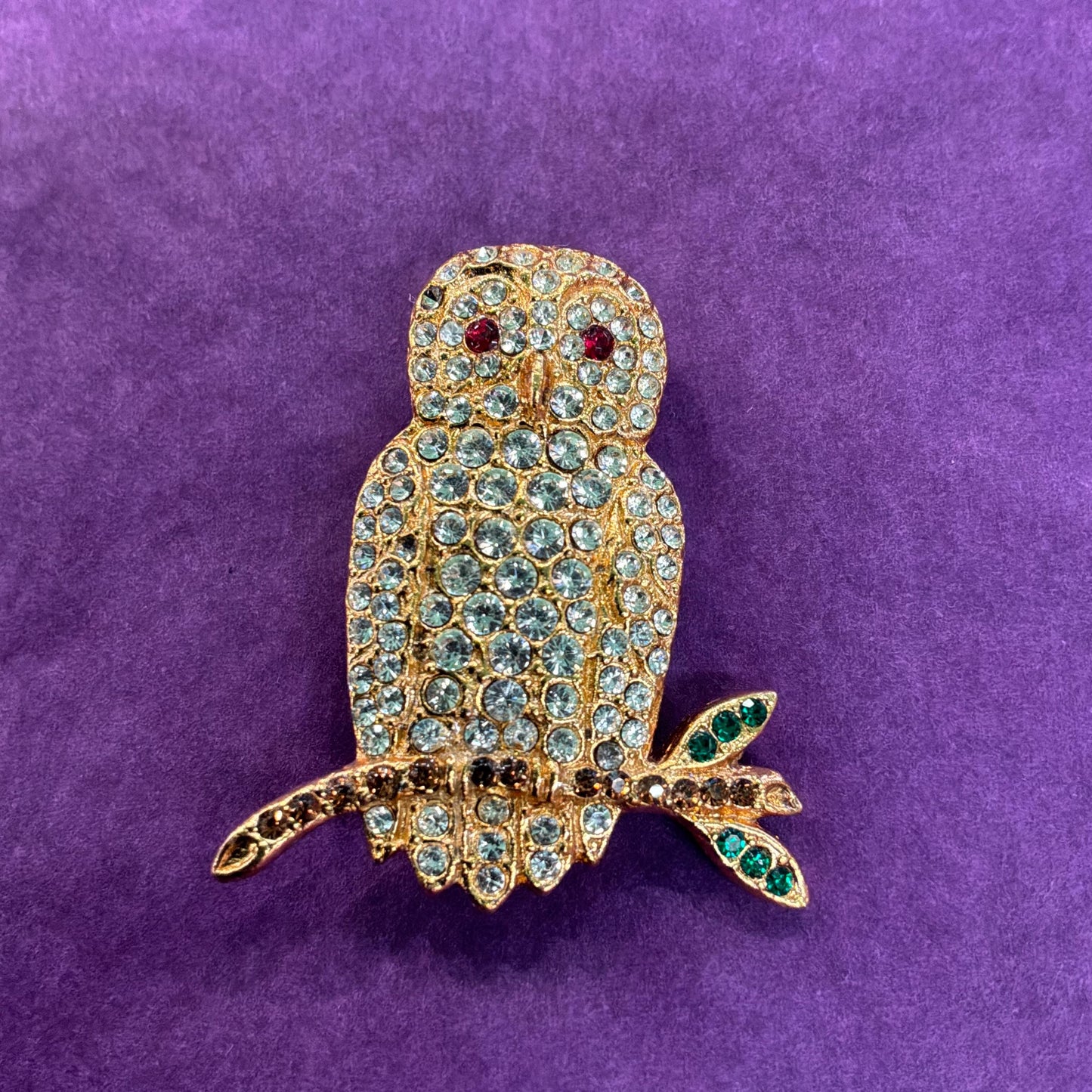 Vintage Butler and Wilson Cryal Owl Brooch , Gold tone with silver rhinestones