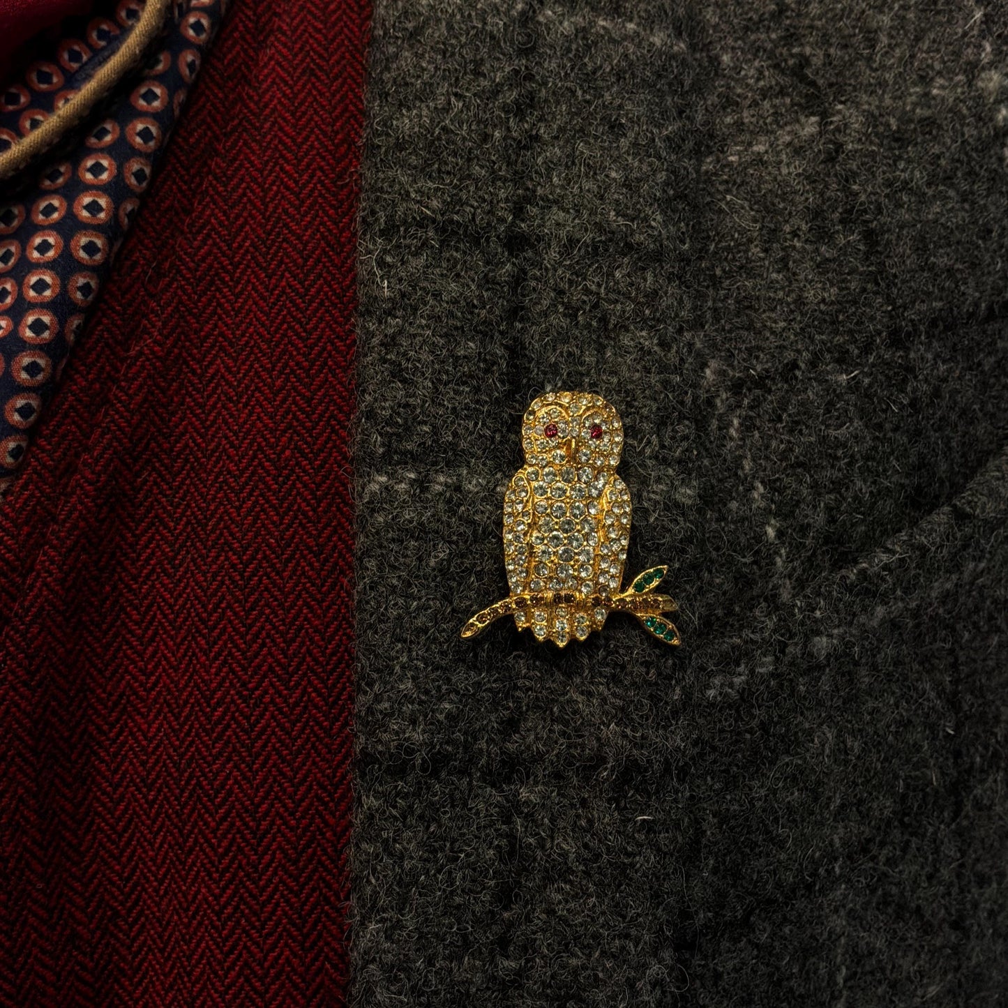 Vintage Butler and Wilson Cryal Owl Brooch , Gold tone with silver rhinestones