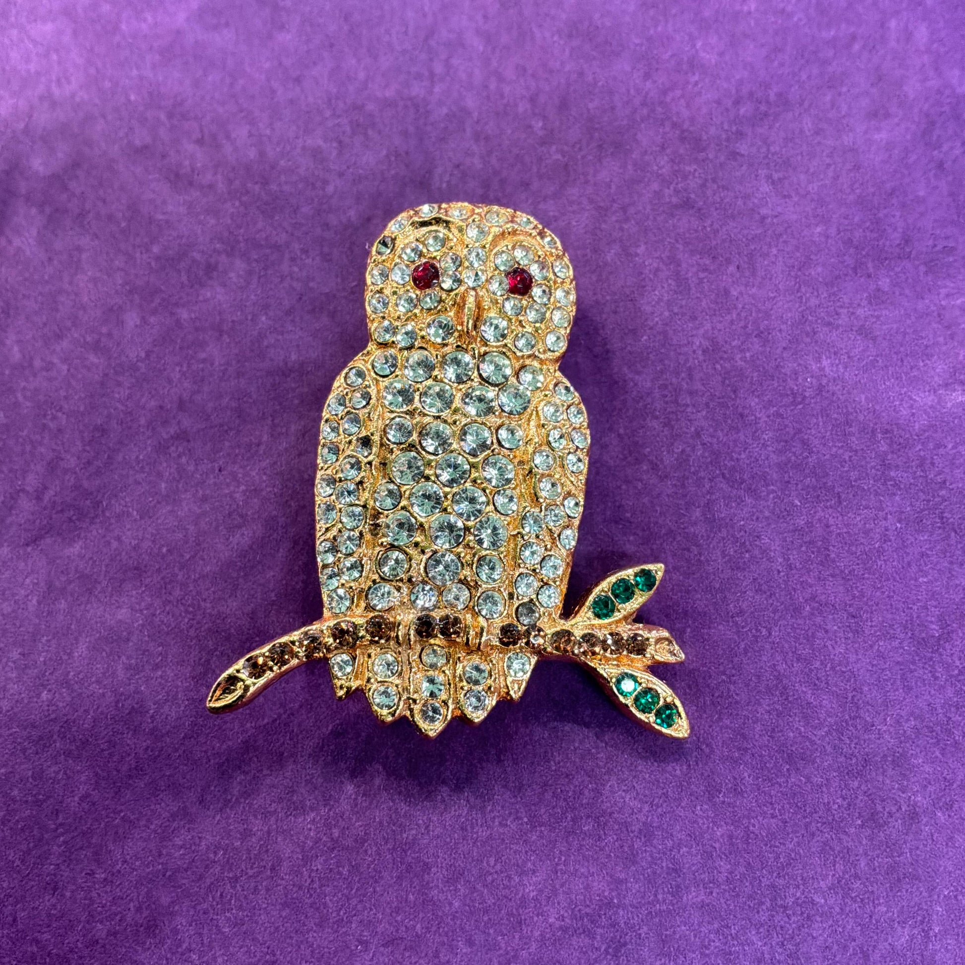 Vintage Butler and Wilson Cryal Owl Brooch , Gold tone with silver rhinestones