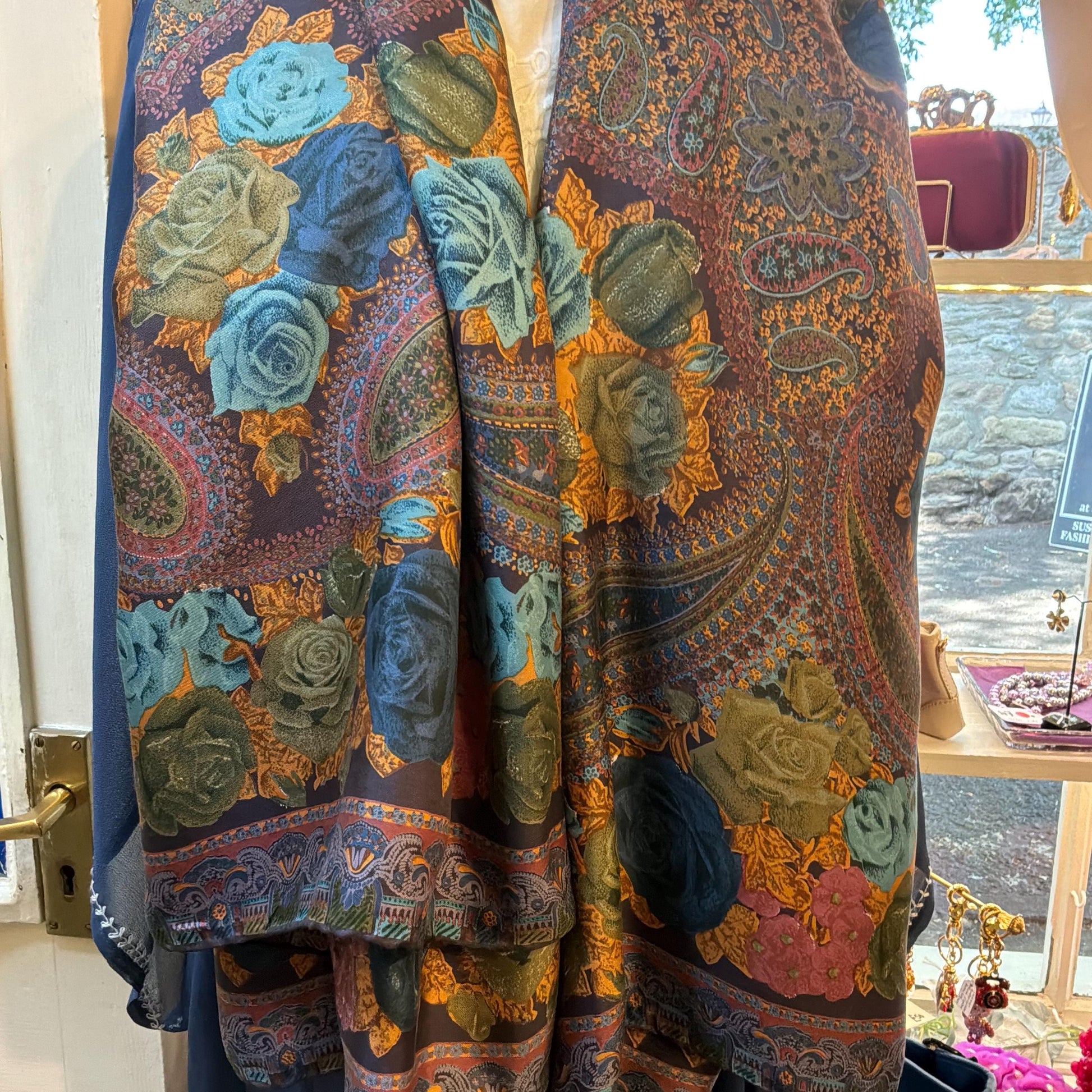 Vintage 1970s/80s Oversized Liberty Pure Silk Scarf, 52” square, Roses and Paisley Print