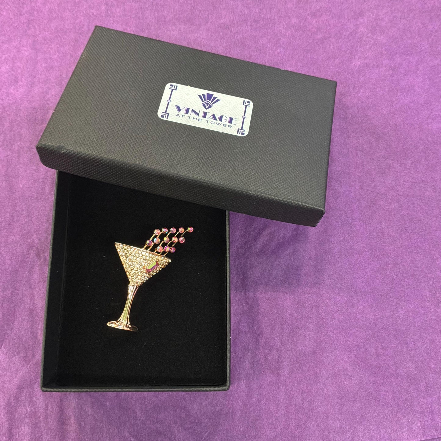 Vintage Butler and Wilson Cocktail Glass Crystal Lapel Pin, Rose gold tone with Borealis rhinestones