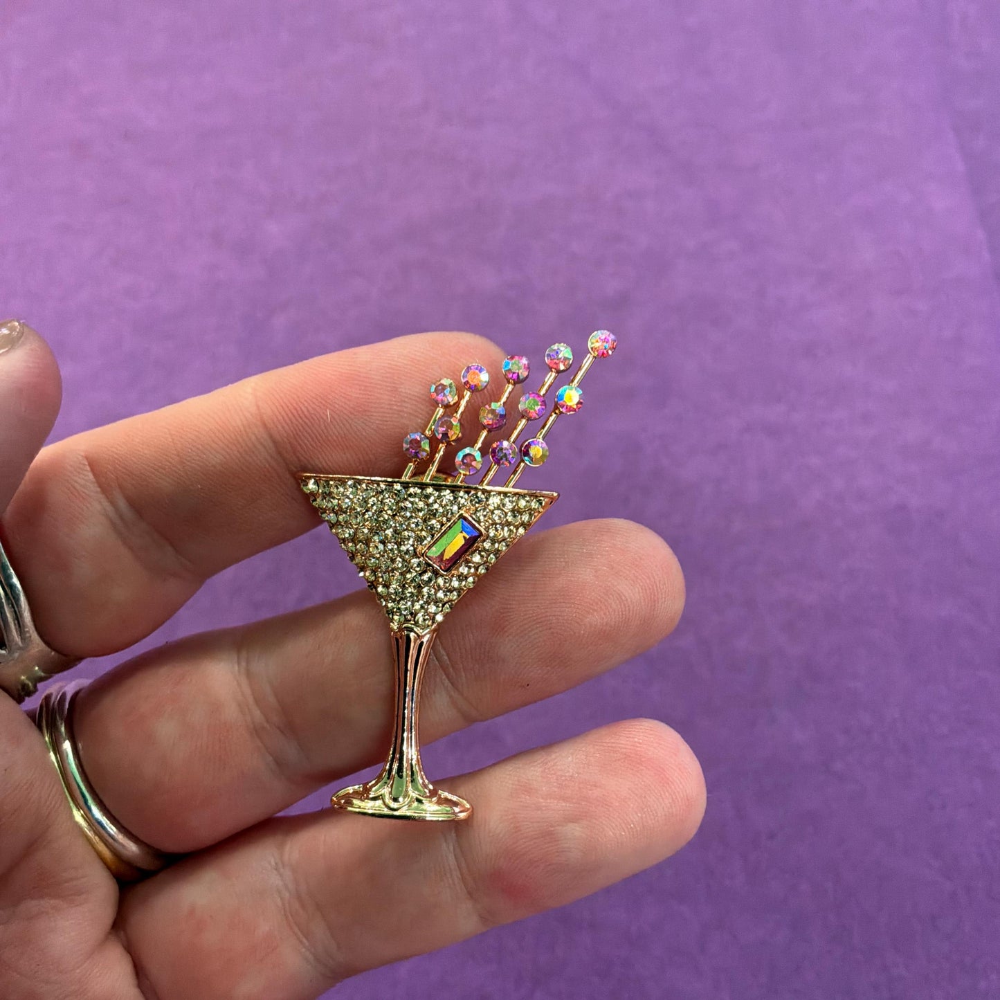 Vintage Butler and Wilson Cocktail Glass Crystal Lapel Pin, Rose gold tone with Borealis rhinestones