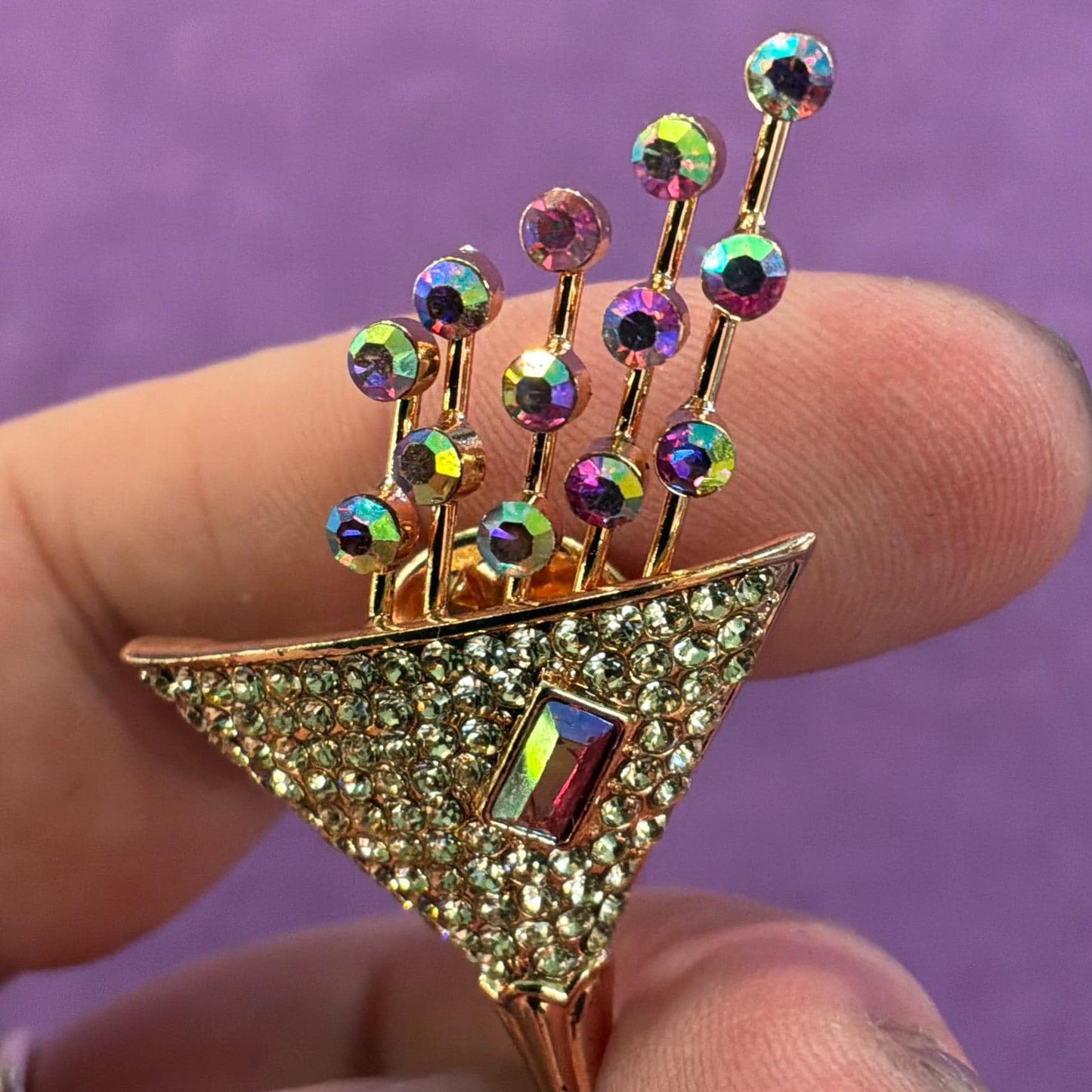 Vintage Butler and Wilson Cocktail Glass Crystal Lapel Pin, Rose gold tone with Borealis rhinestones