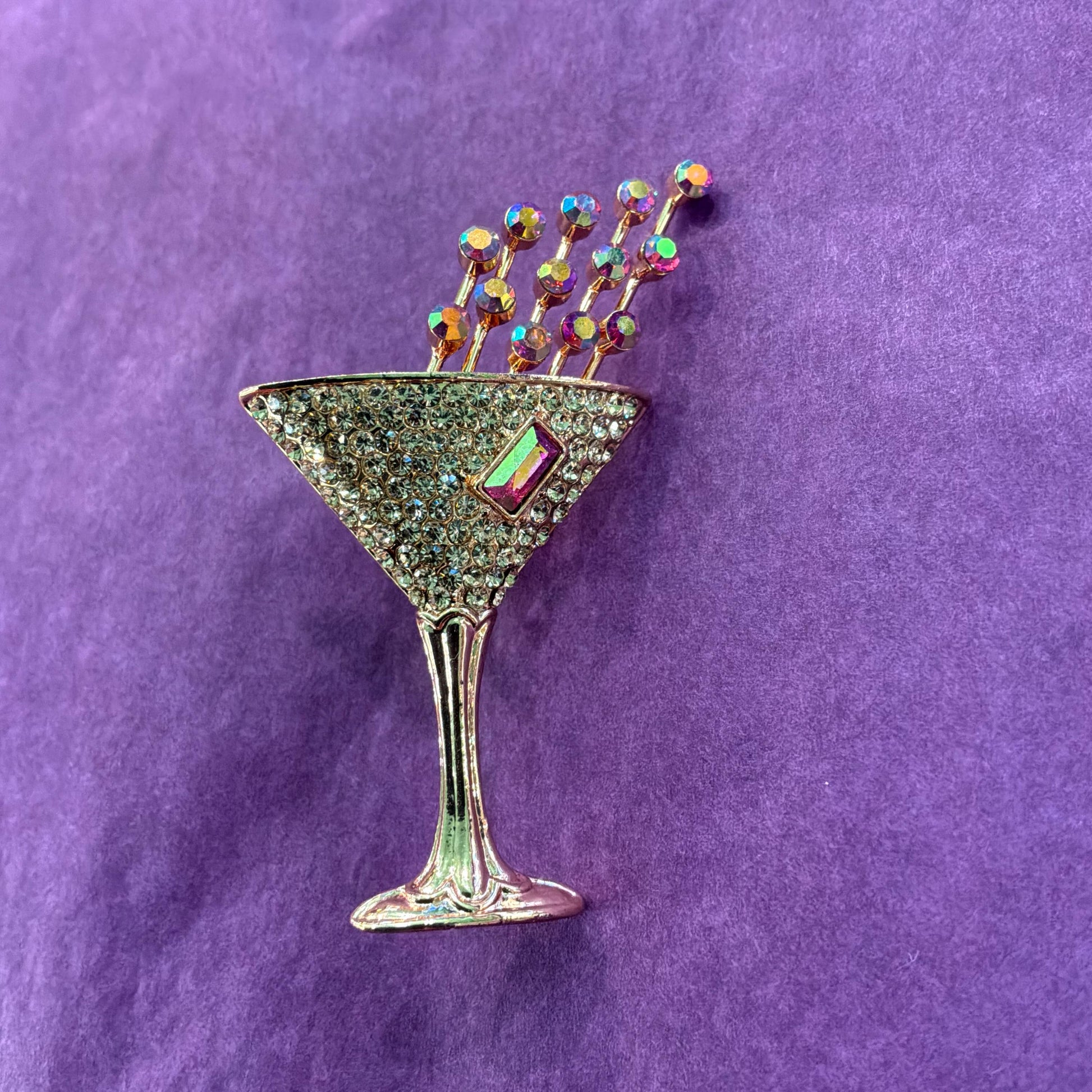 Vintage Butler and Wilson Cocktail Glass Crystal Lapel Pin, Rose gold tone with Borealis rhinestones