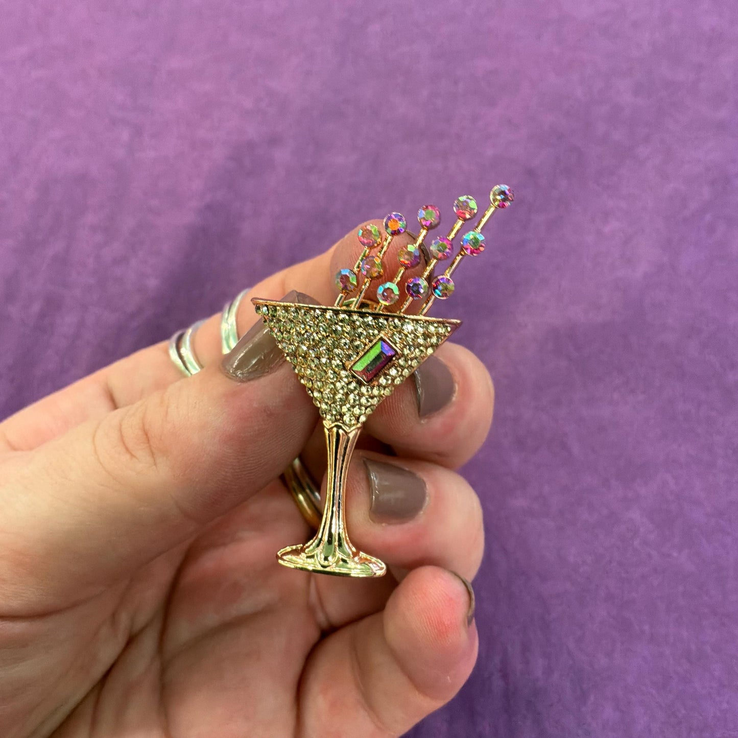 Vintage Butler and Wilson Cocktail Glass Crystal Lapel Pin, Rose gold tone with Borealis rhinestones