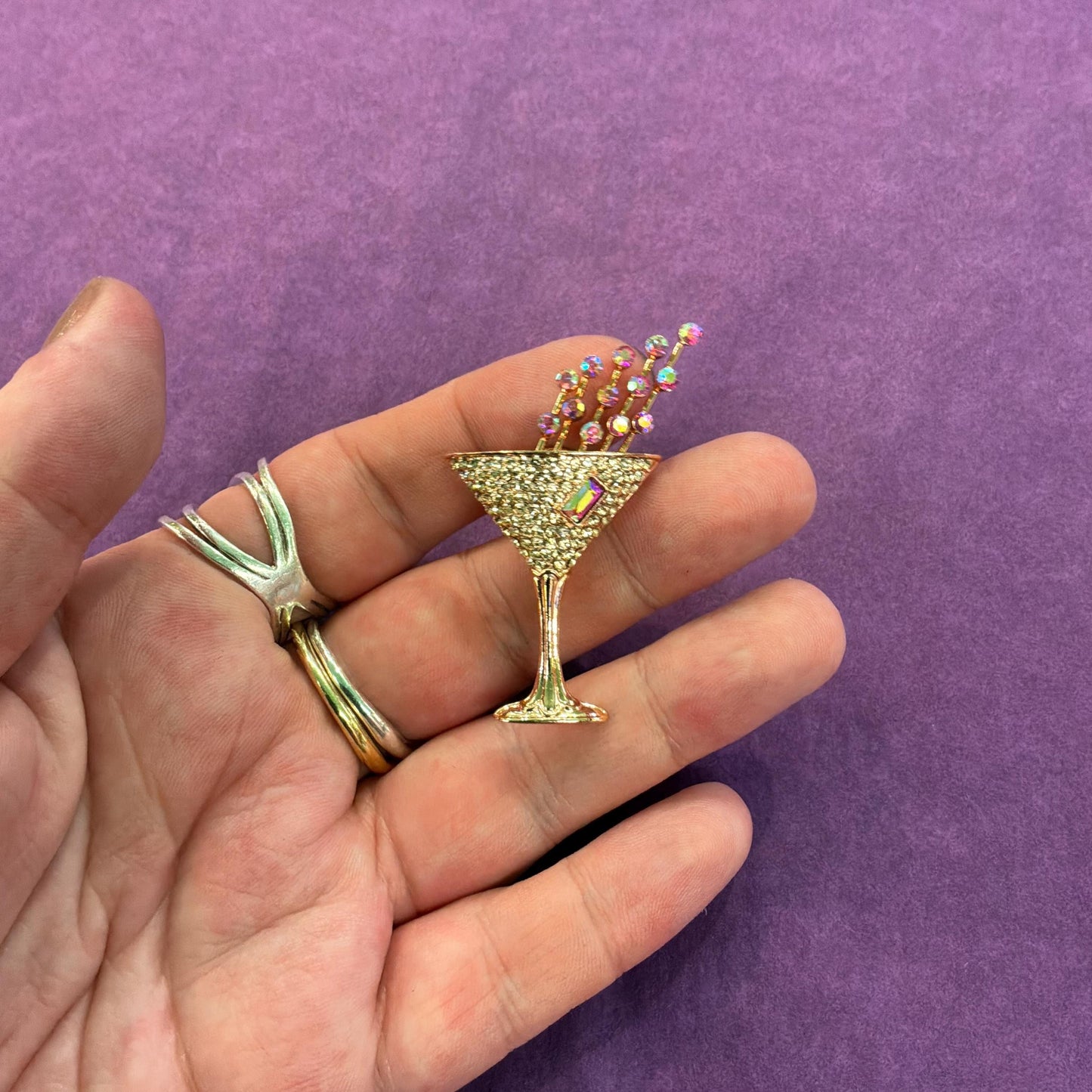Vintage Butler and Wilson Cocktail Glass Crystal Lapel Pin, Rose gold tone with Borealis rhinestones