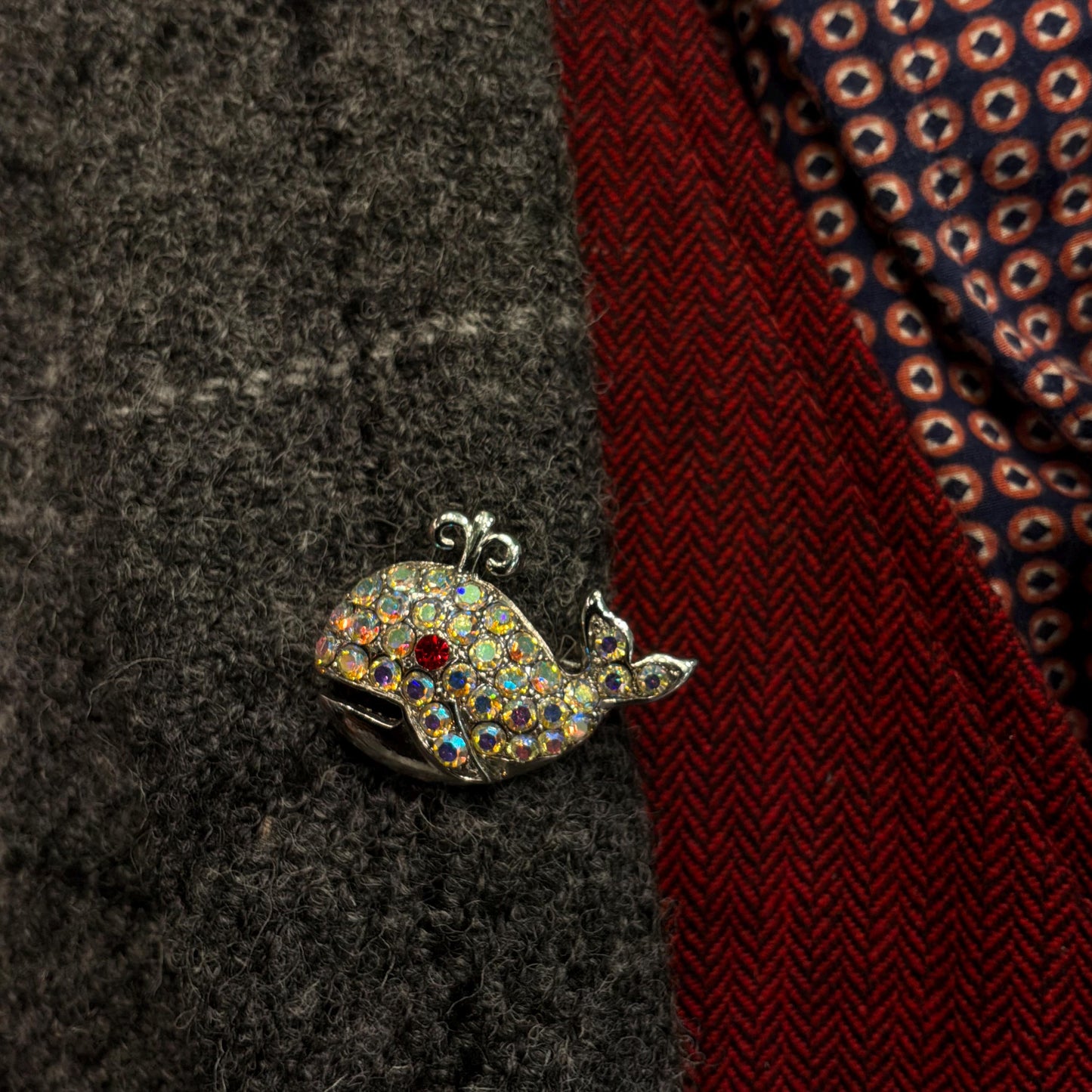 Vintage Butler and Wilson Crystal Whale Brooch, Silver tone with rainbow rhinestones