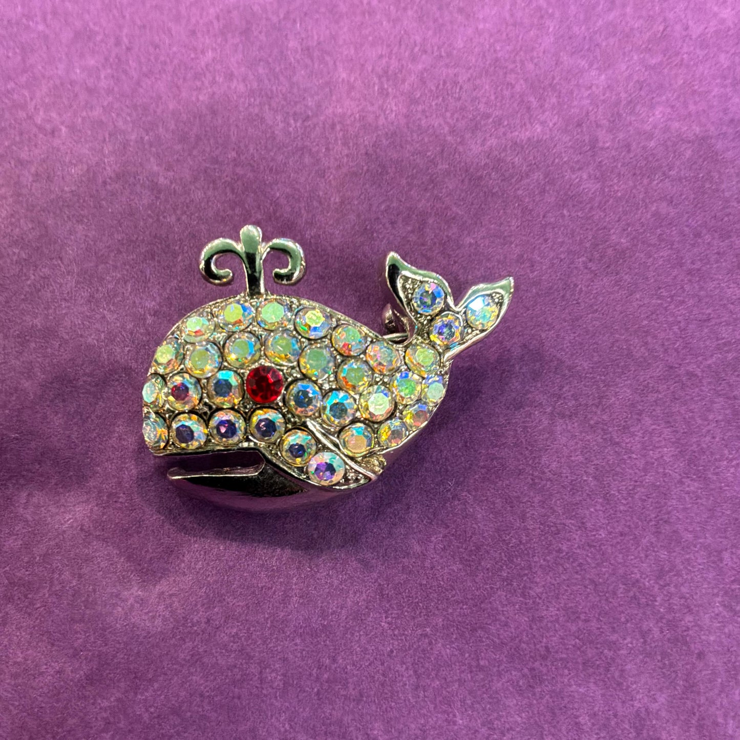 Vintage Butler and Wilson Crystal Whale Brooch, Silver tone with rainbow rhinestones