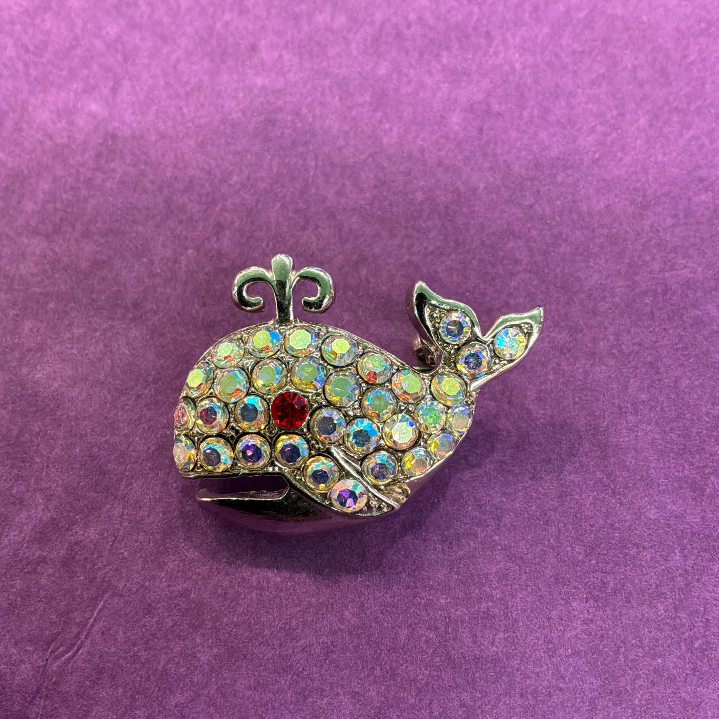 Vintage Butler and Wilson Crystal Whale Brooch, Silver tone with rainbow rhinestones