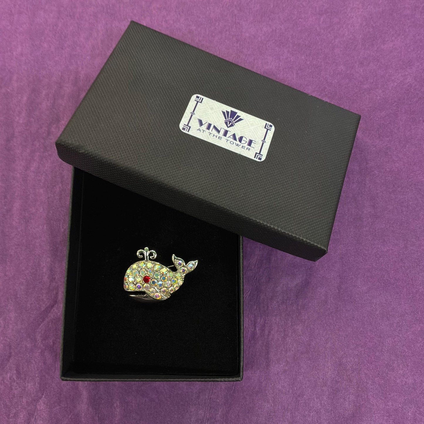 Vintage Butler and Wilson Crystal Whale Brooch, Silver tone with rainbow rhinestones
