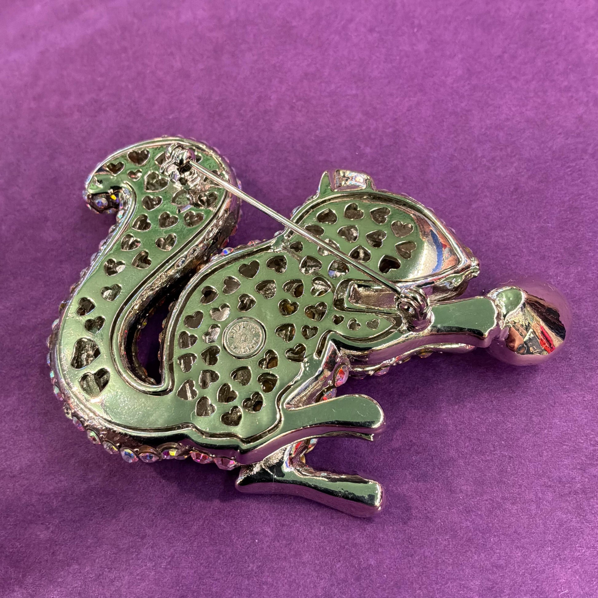 Vintage Butler and Wilson Large Crystal Squirrel Brooch, Silver tone with black enamel and rainbow rhinestones
