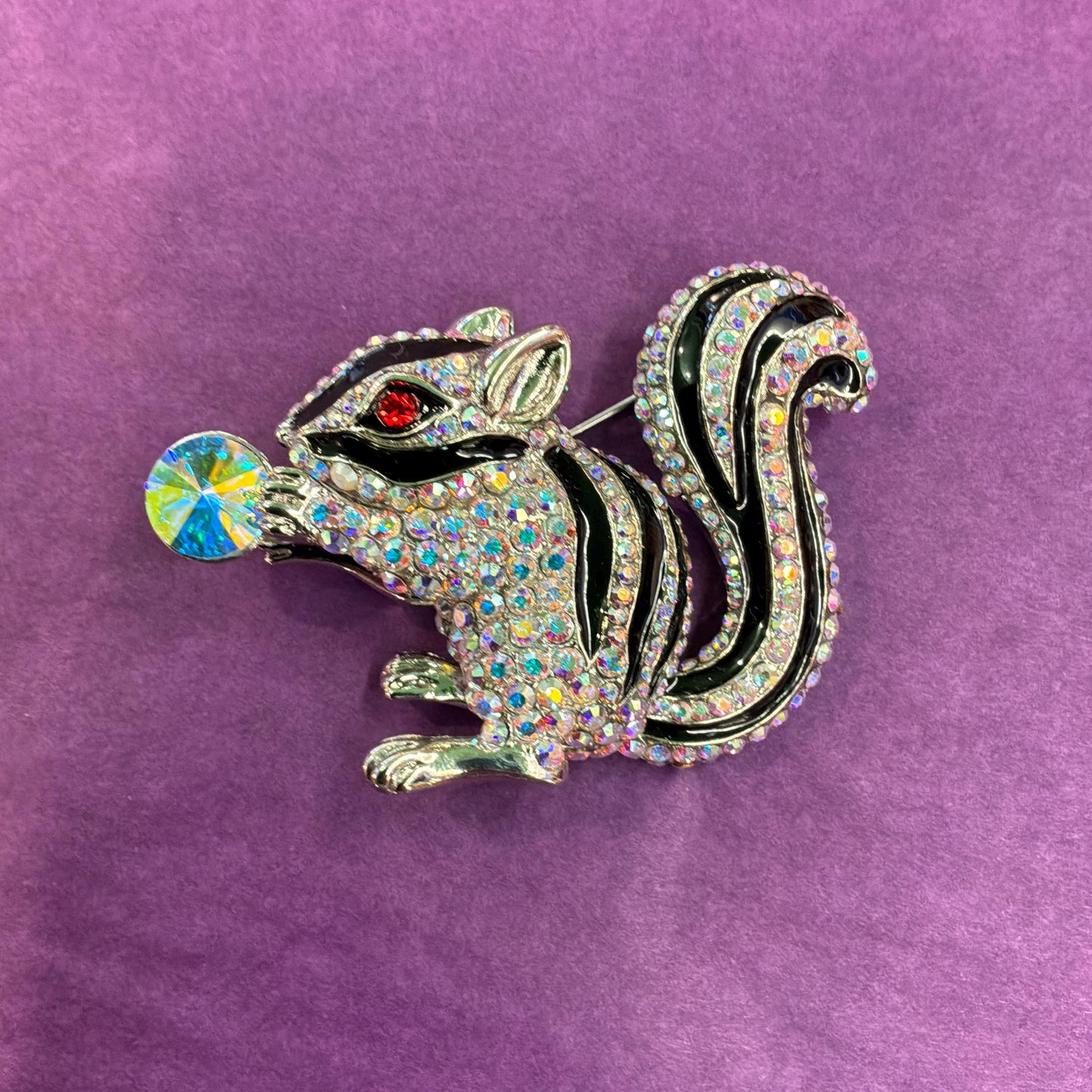 Vintage Butler and Wilson Large Crystal Squirrel Brooch, Silver tone with black enamel and rainbow rhinestones
