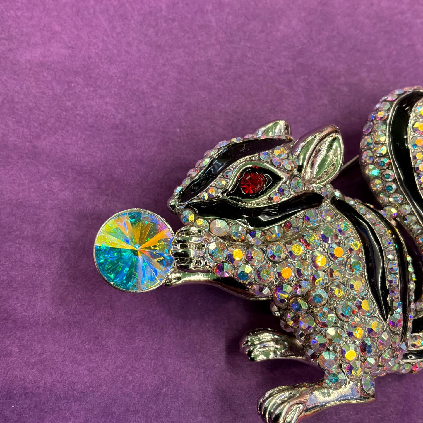 Vintage Butler and Wilson Large Crystal Squirrel Brooch, Silver tone with black enamel and rainbow rhinestones