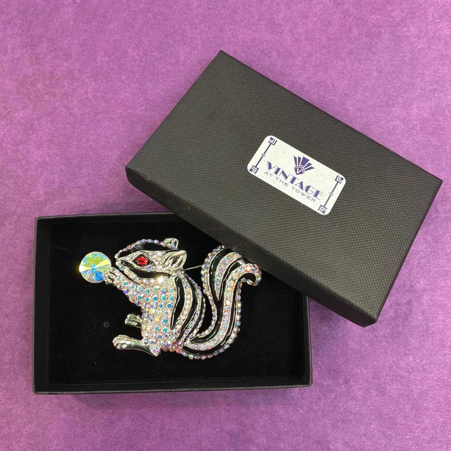 Vintage Butler and Wilson Large Crystal Squirrel Brooch, Silver tone with black enamel and rainbow rhinestones