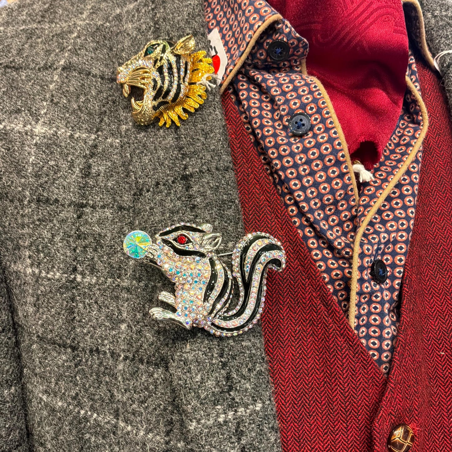 Vintage Butler and Wilson Large Crystal Squirrel Brooch, Silver tone with black enamel and rainbow rhinestones